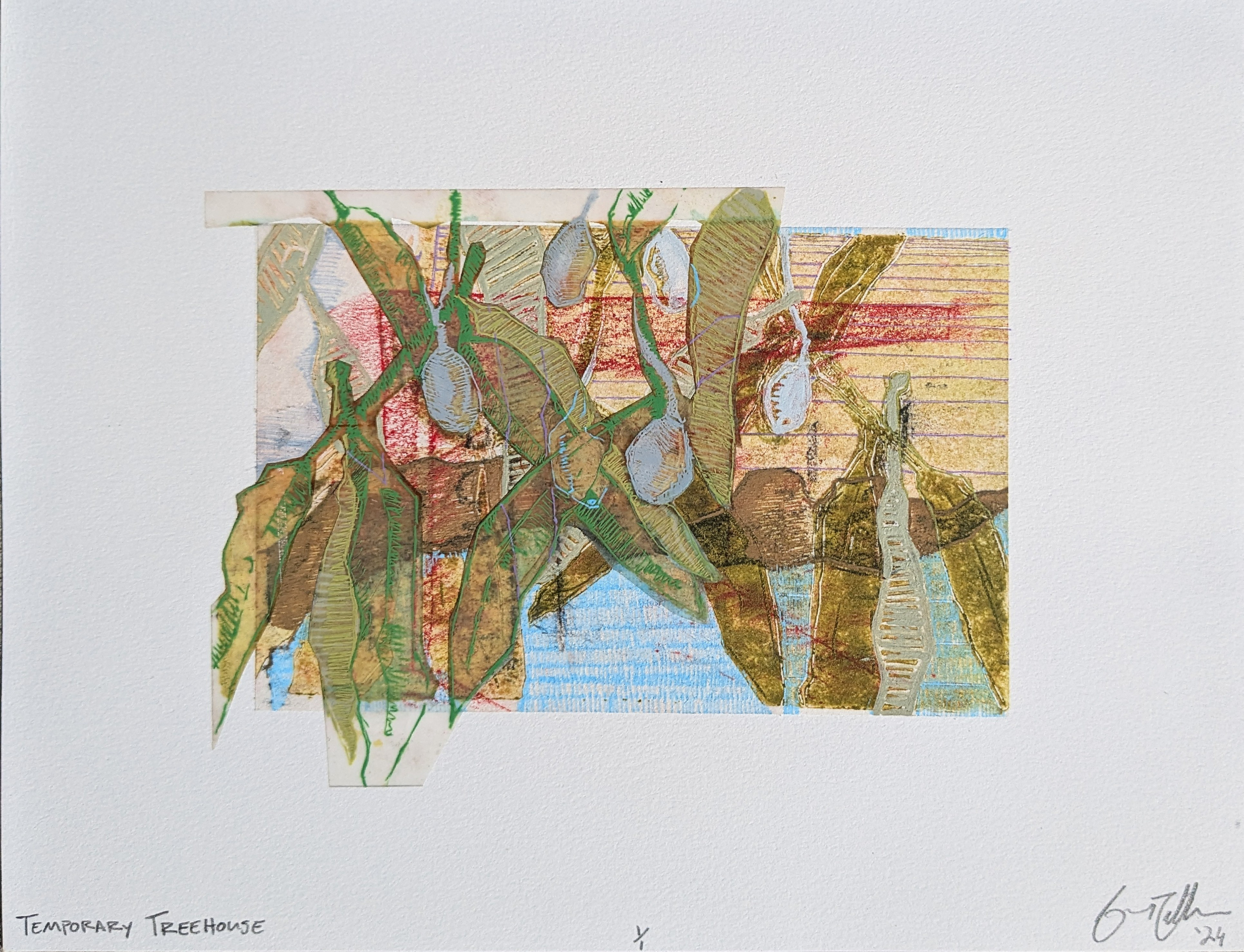 Temporary Treehouse, 11'' x 8'' multi block linoleum cut and frottage with gel pen, acrylic paint pen, colored pencil, graphite, and collaged acetate, 2024