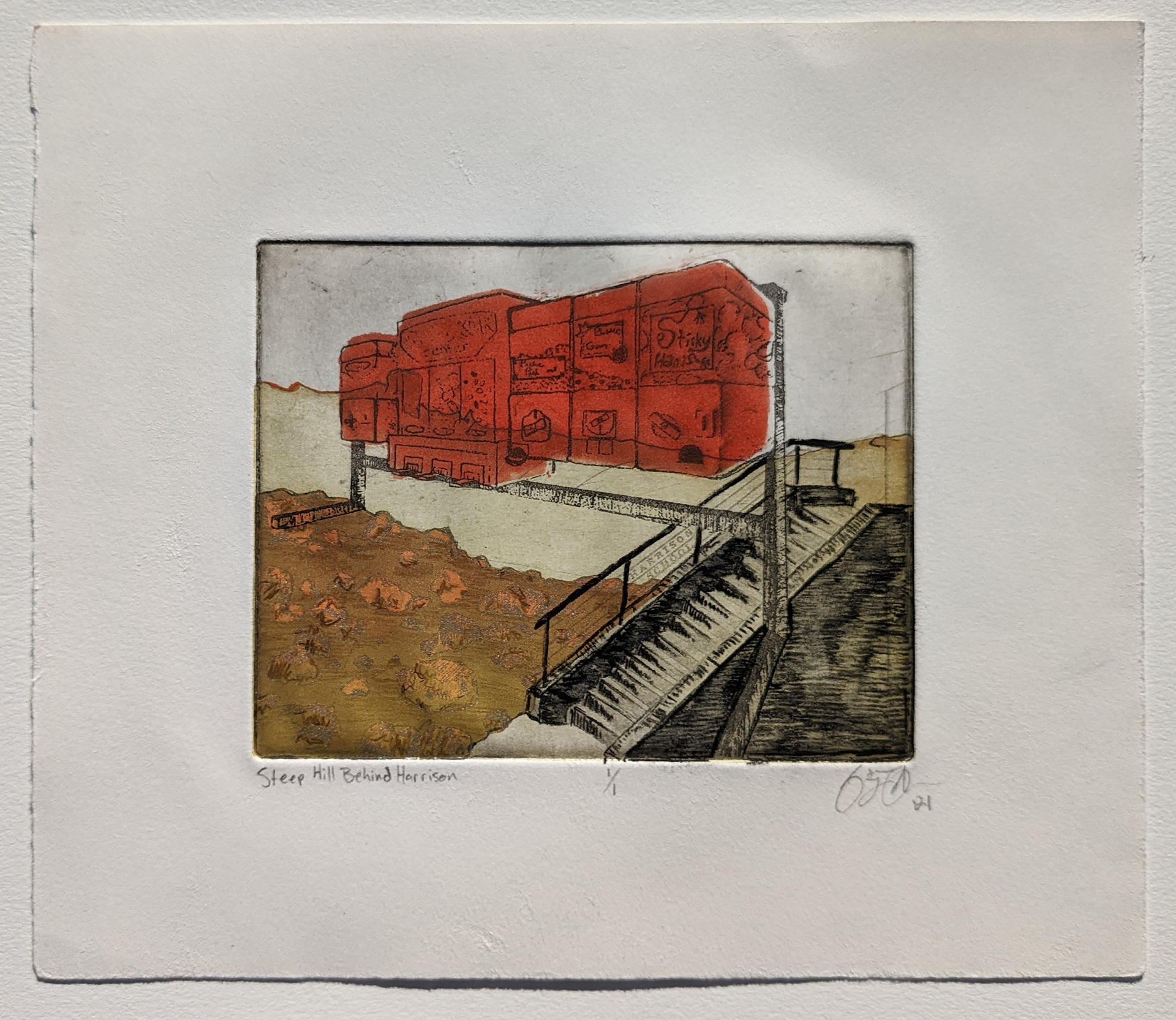 Steep Hill Behind Harrison, 10'' x 8.5'', multiple plate etching with colored pencil, gel pen, and graphite, 2021