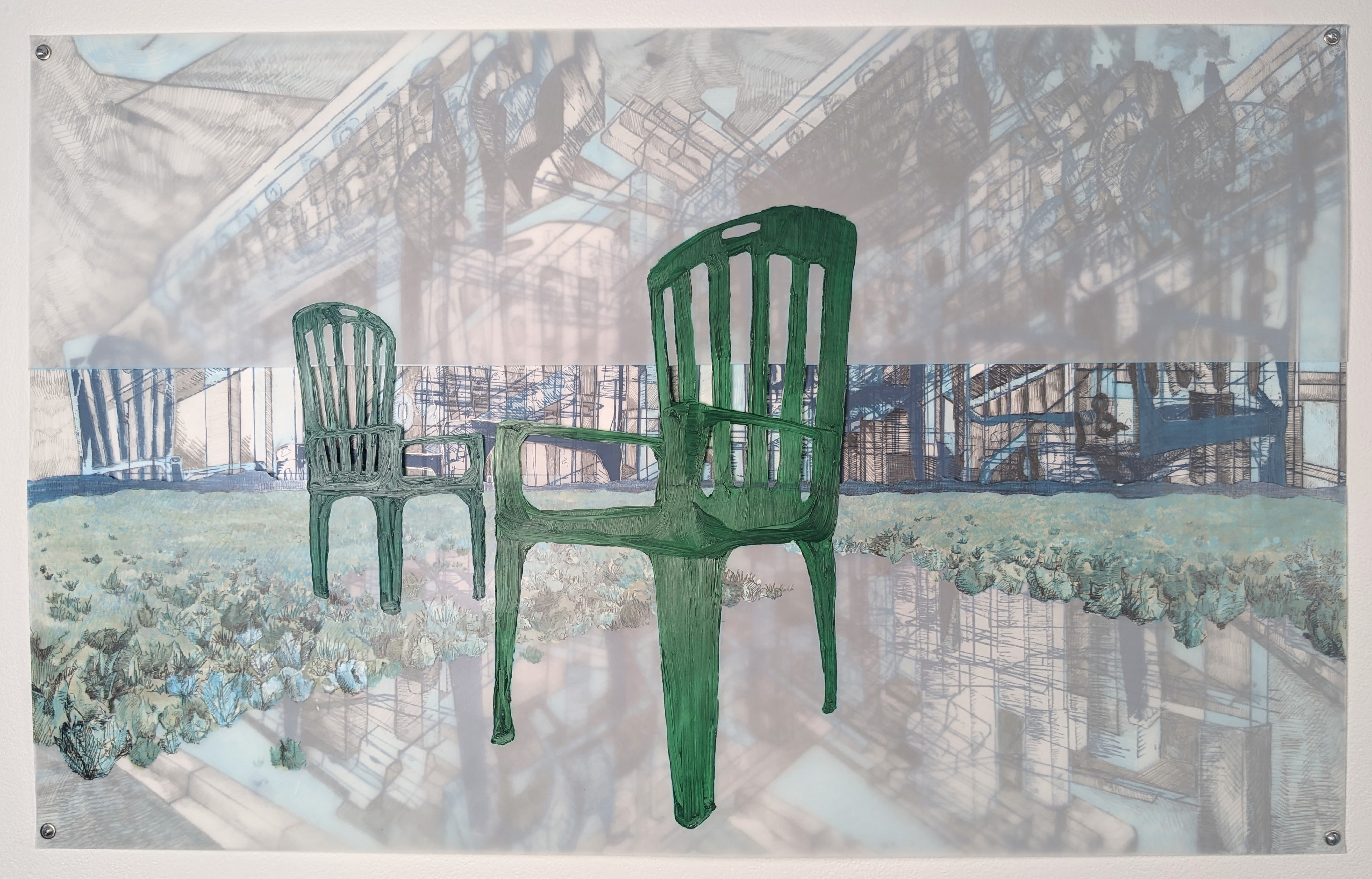 Prairie Chairs, 40'' x 25'', drafting pencil, graphite, acrylic paint, oil paint, and silkscreen printing on frosted mylar, 2022