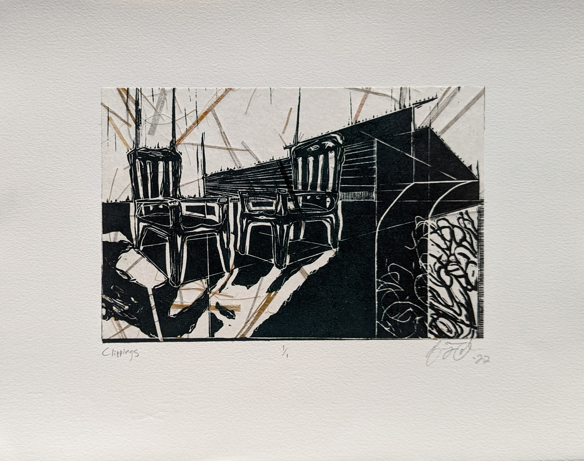 Clippings, 14" x 11", linocut on mounted mulberry tissue, 2022