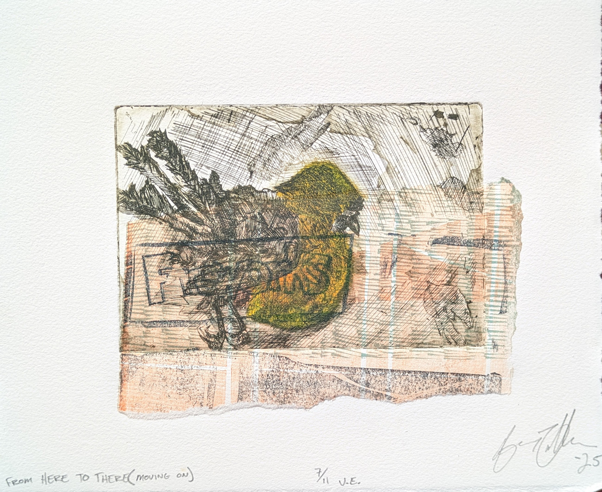 From Here to There (Moving On), 7/11 V.E., Intaglio Etching with Viscosity Printing and Colle'd linocut print, 10'' x 8'', 2025