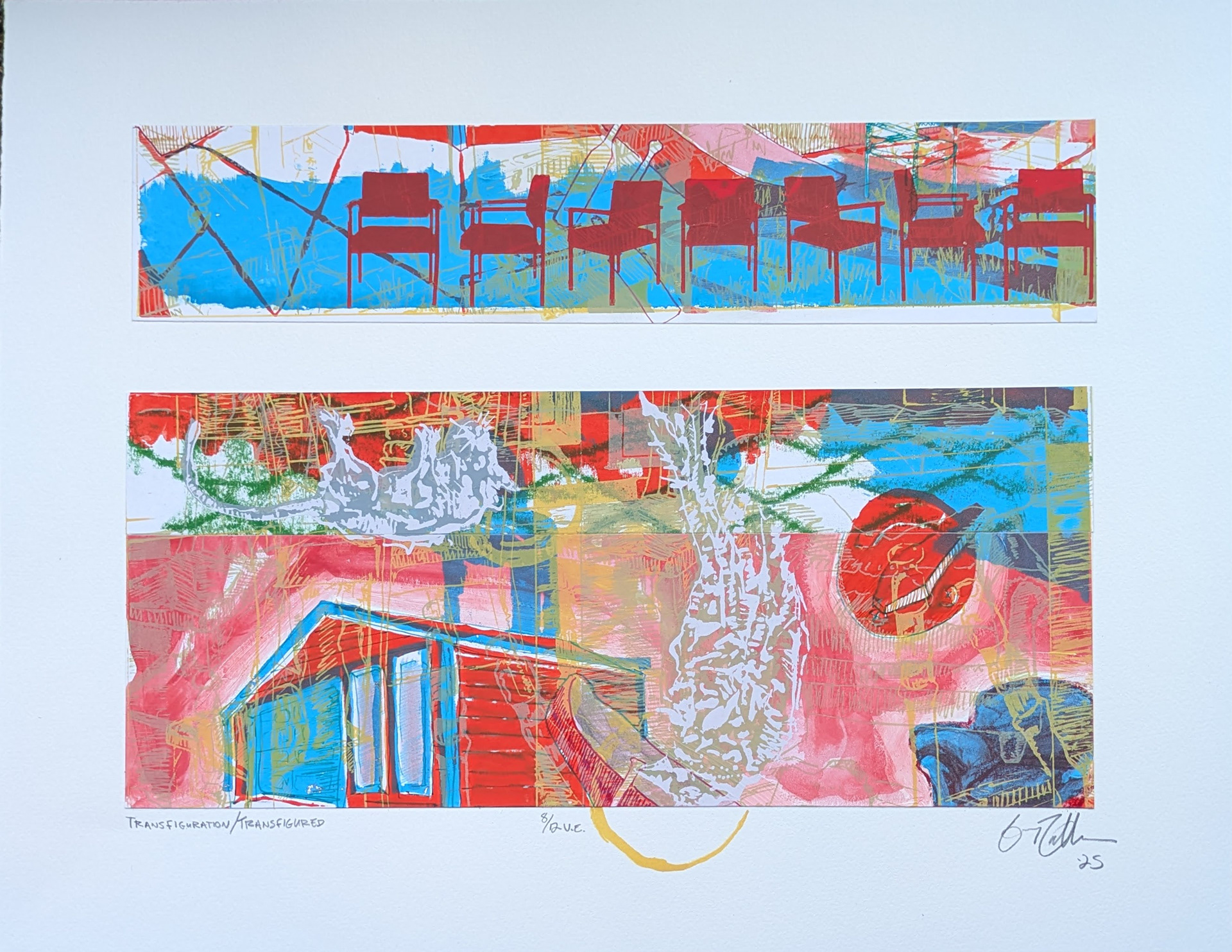 Transfiguration/Transfigured, 8/12V.E, 18" x 14" multiple silkscreen print with frottage, hand drawing, and collage, 2025