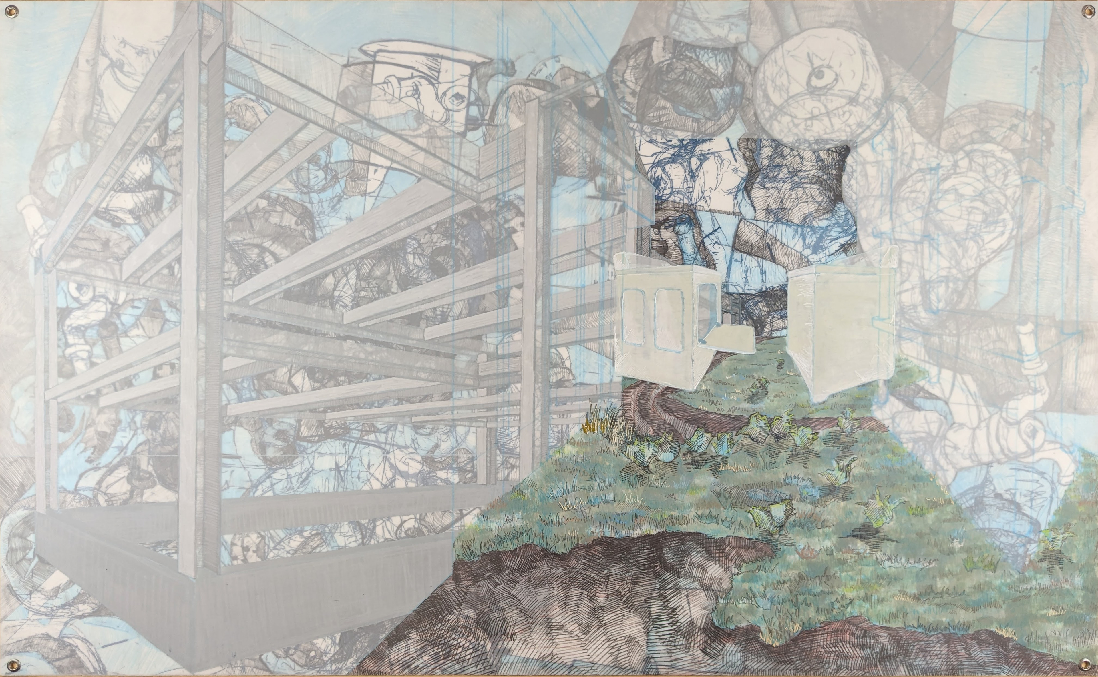 Fake Lemon Smell, 40’’ x 25'', drafting pencil, graphite, and acrylic paint with silkscreen printing on frosted mylar, 2023