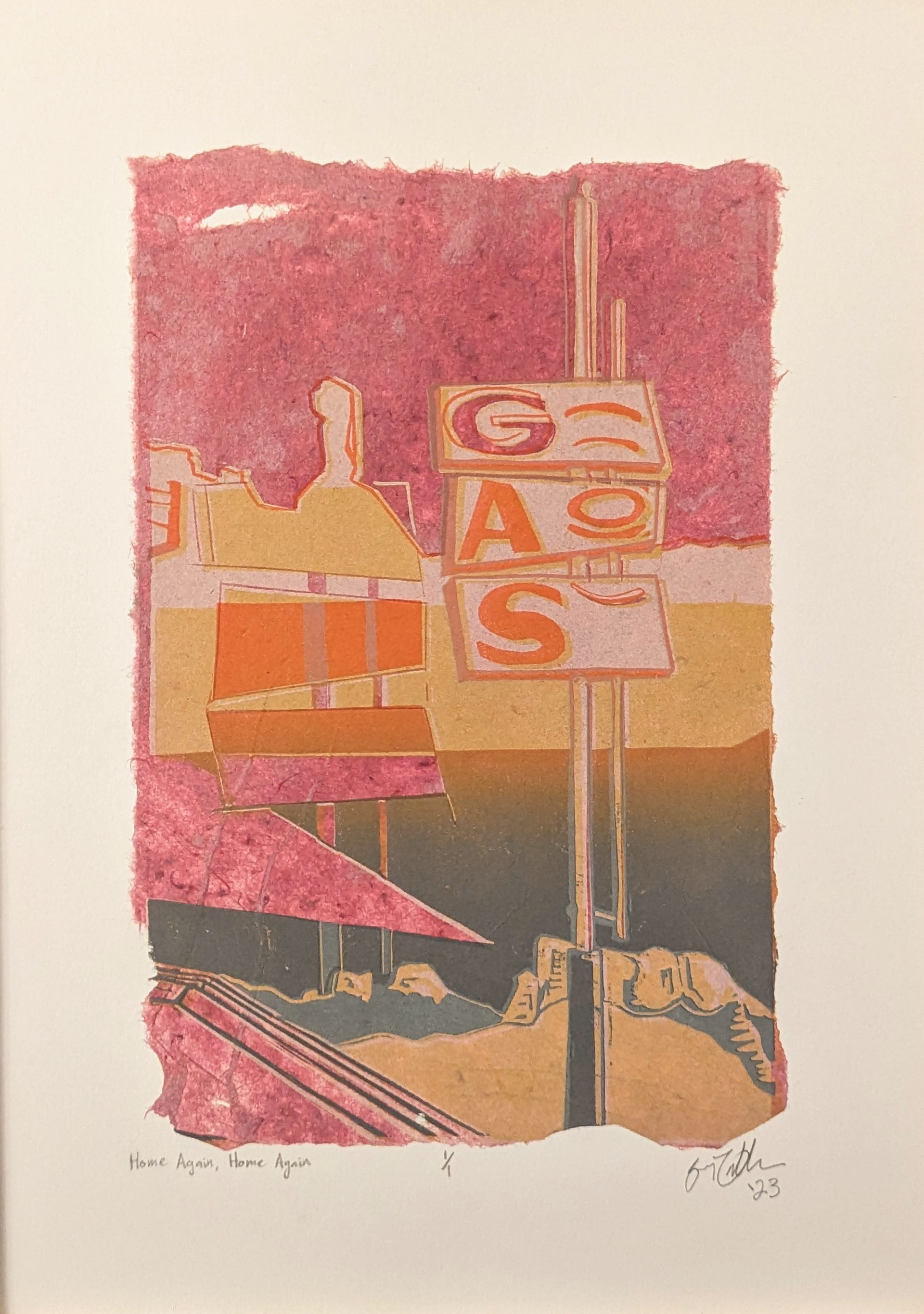Home Again, Home Again, 13'' x 17'' reductive linoleum cut on handmade recycled cotton paper, 2023