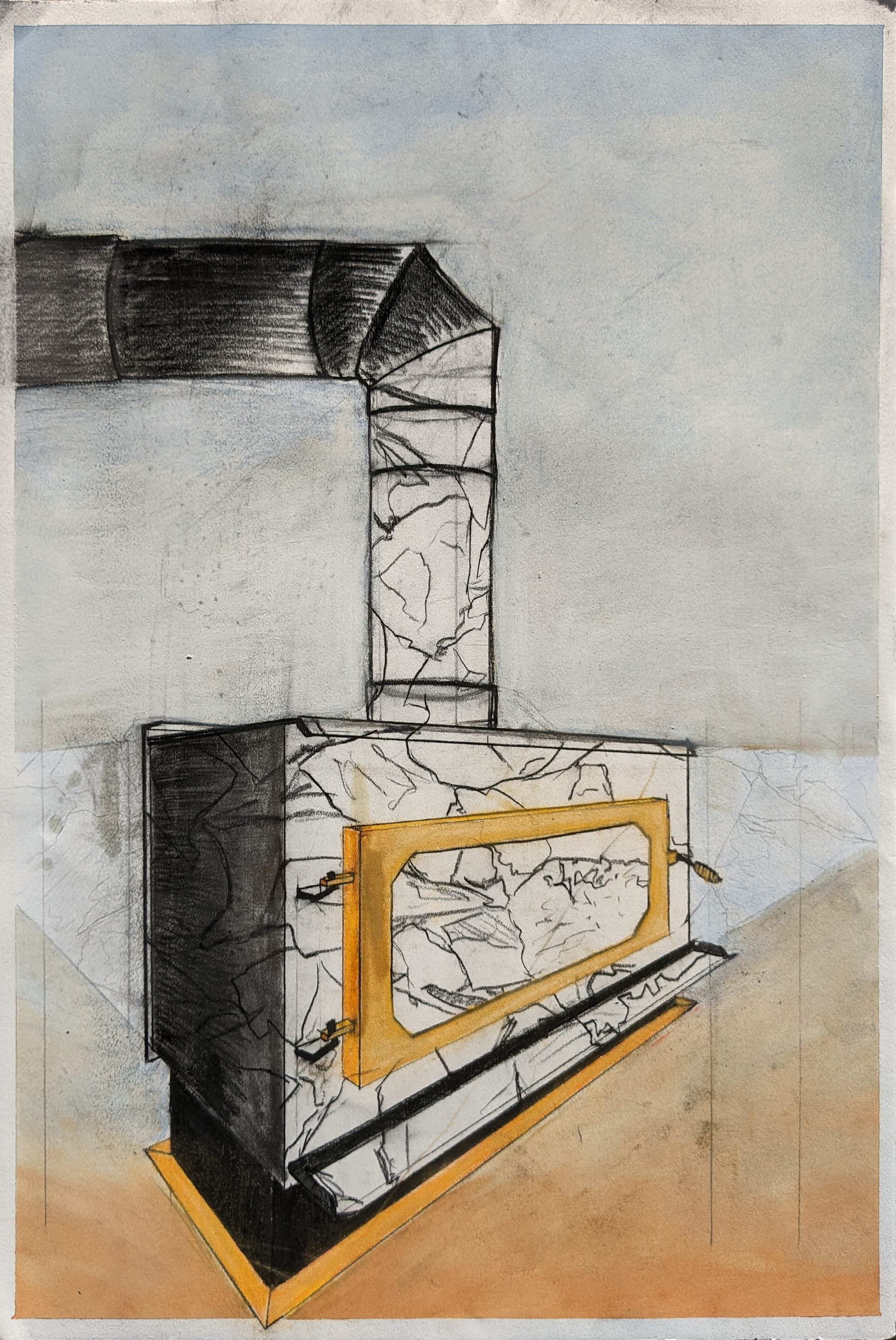 The Woodstove, 22'' x 30'', charcoal and pastel, 2020