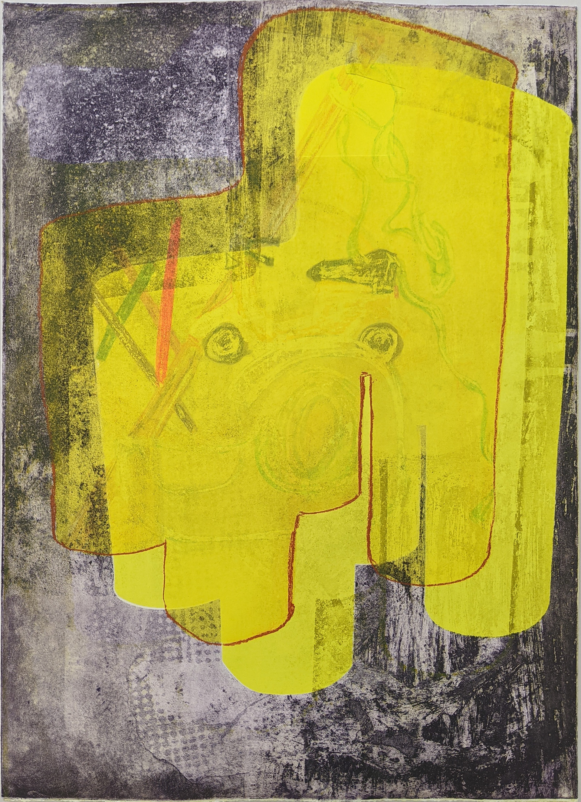 I Found a Place to Stew and Cower, 18.5'' x 25.5'', etching with monotype screen printing, and pastels, 2021