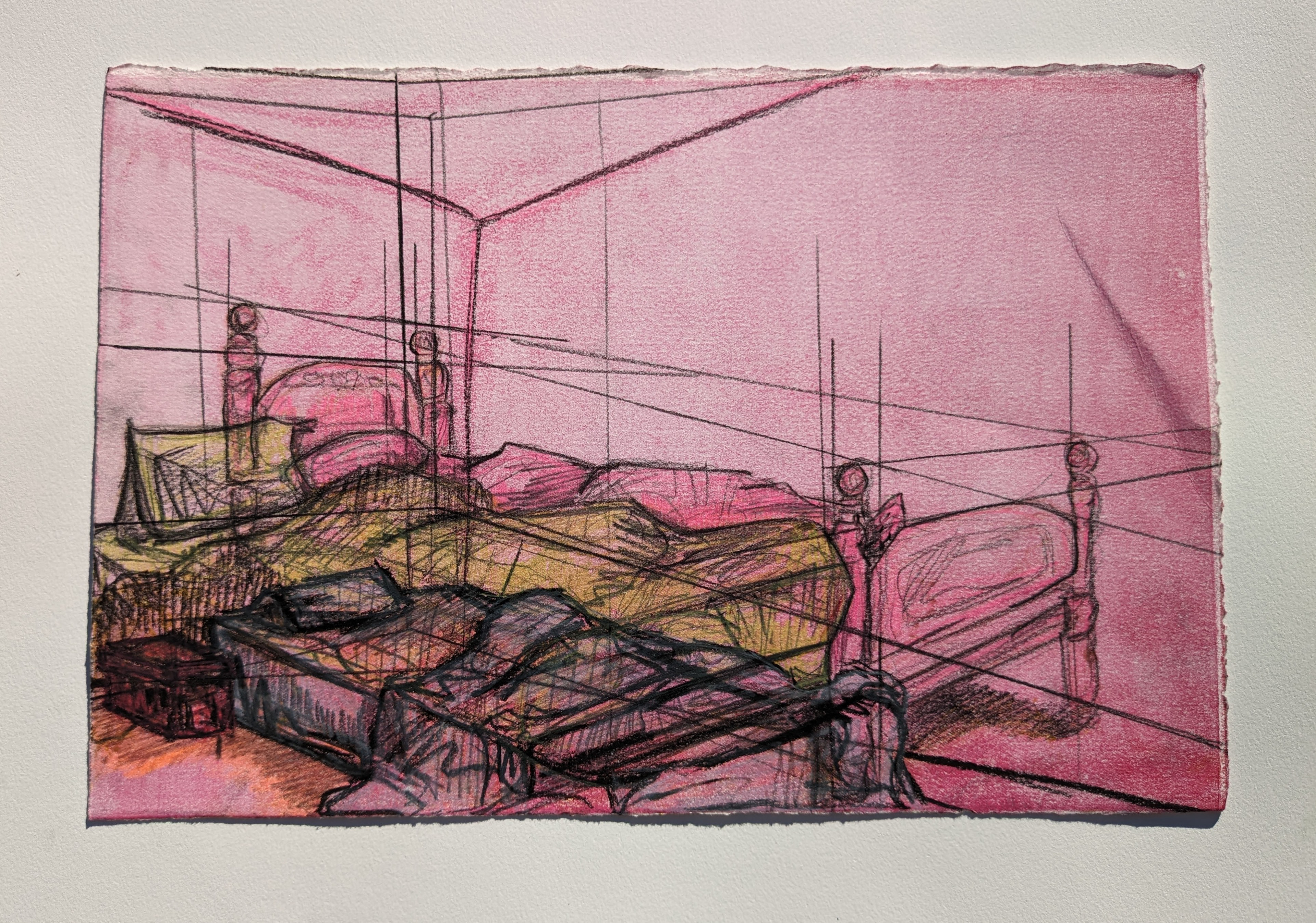 Three Beds, 15'' x 10'', manual offset printmaking with charcoal, 2022
