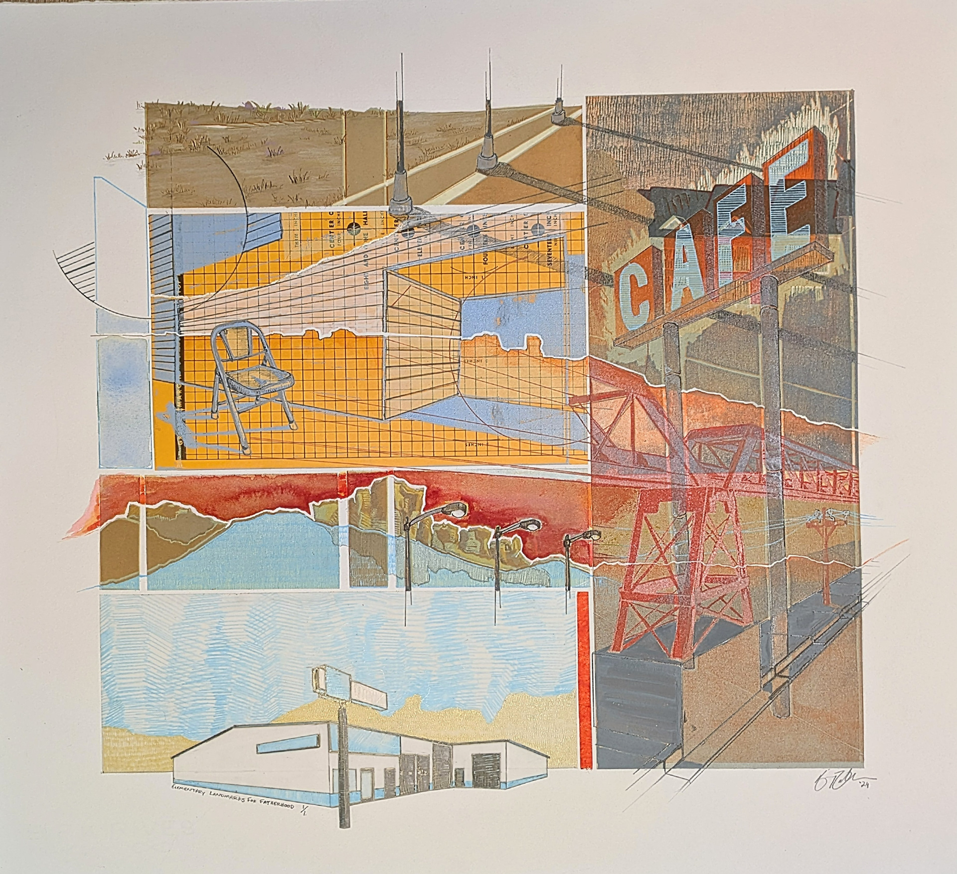 Elementary Landmarks for Fatherhood, 22'' x 21'' multi block relief print montage with graphite, colored pencil, drafting pencil, gel pen, watercolor, and acrylic paint marker, 2025