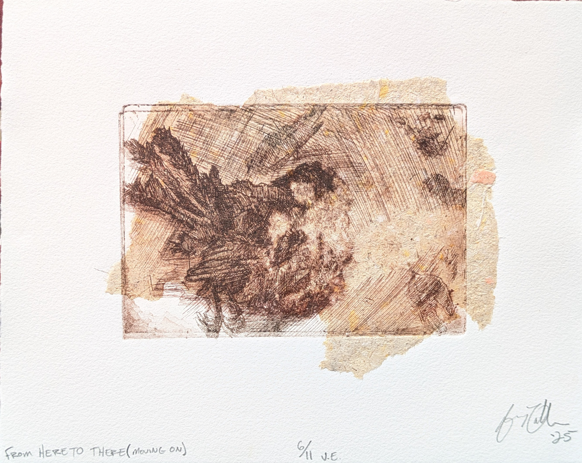 From Here to There (Moving On), 6/11 V.E., Intaglio Etching with Chine Collé, 10'' x 8'', 2025