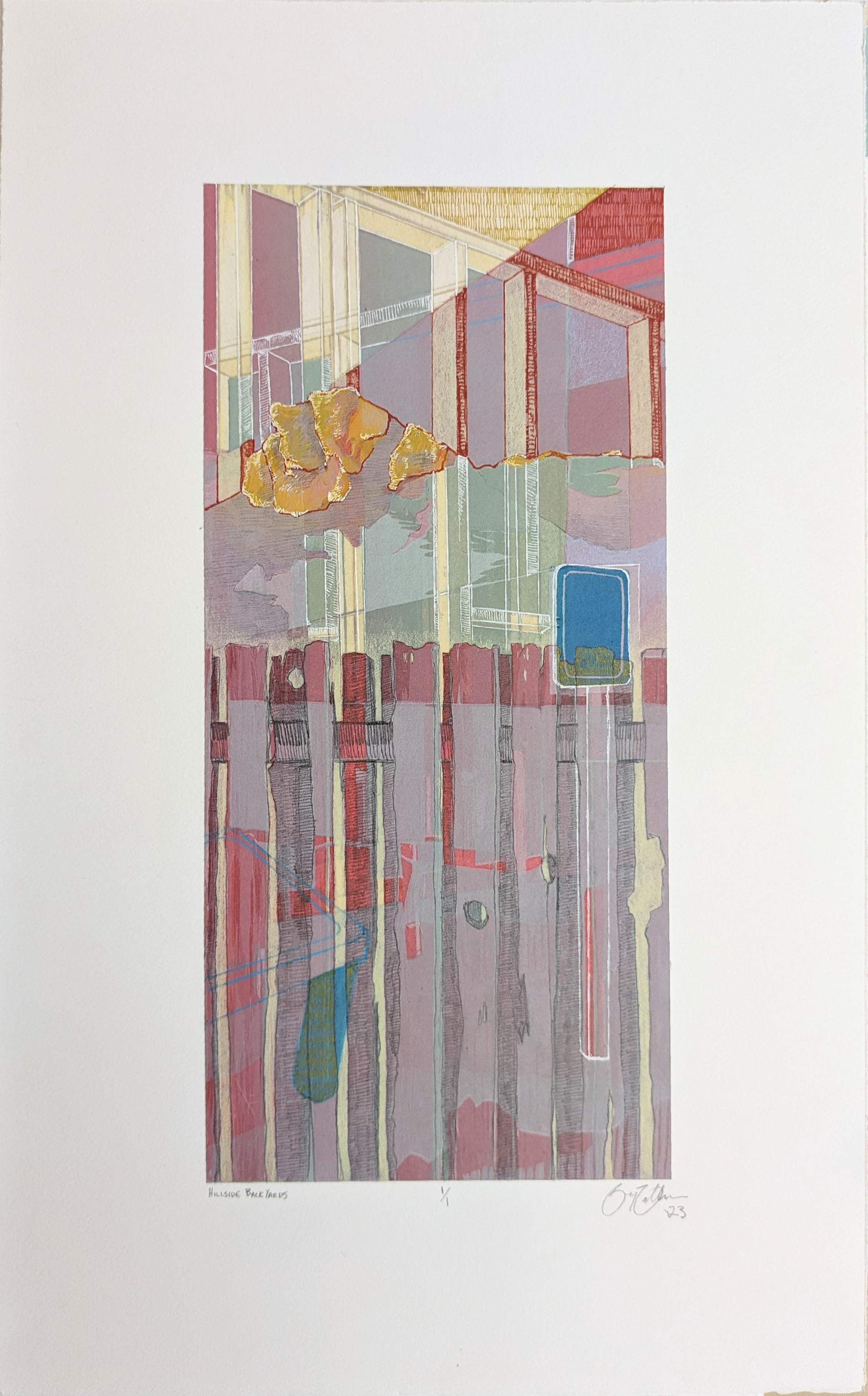 Hillside Backyards, 10'' x 20'' multi block reductive linoleum cut with graphite, drafting pencil, gel pen, colored pencil, and acrylic paint pen, 2023