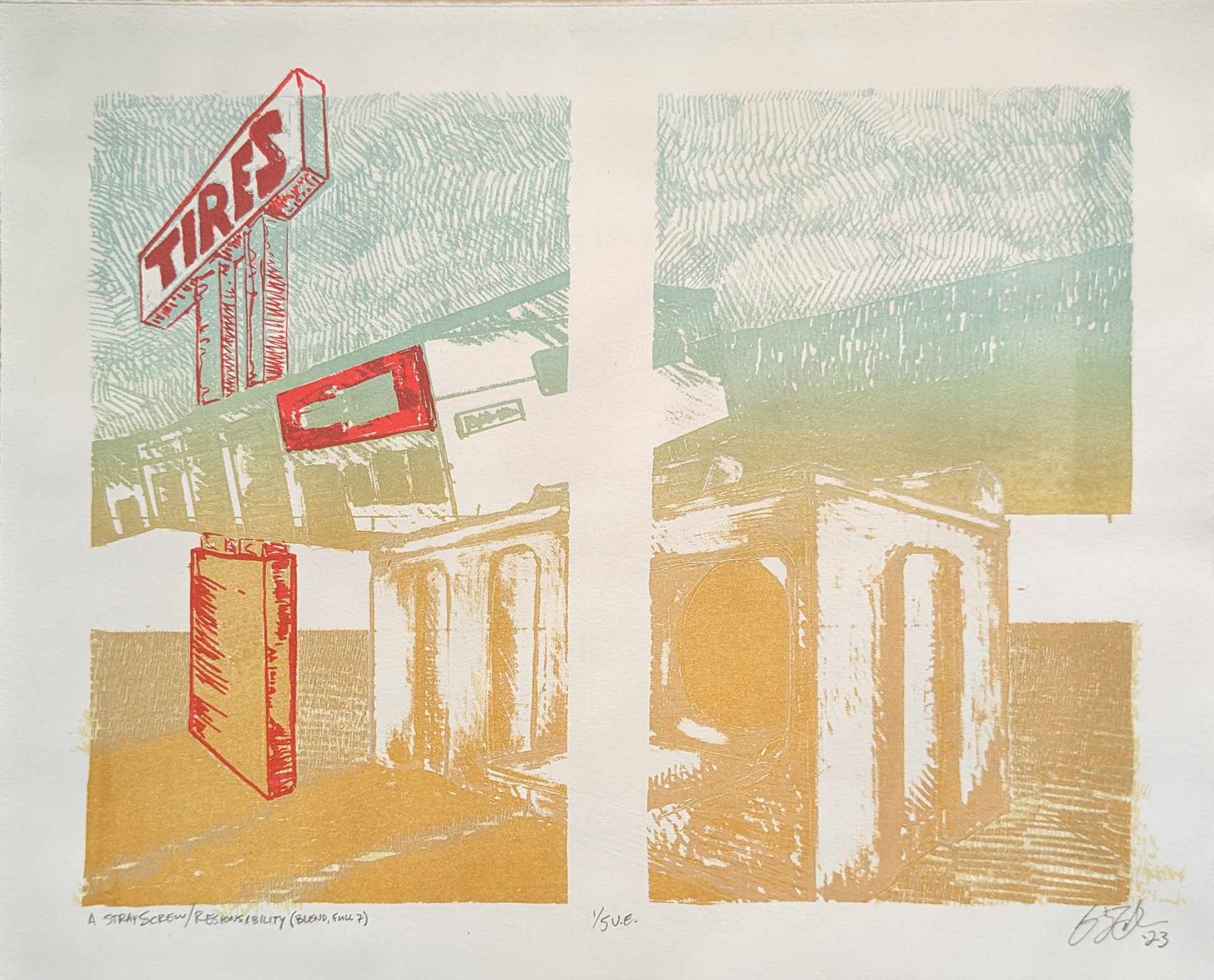 A Stray Screw/Responsibility (Blend, Full 7), 14'' x 11'', Stone Lithography with Screen Printing, 2023