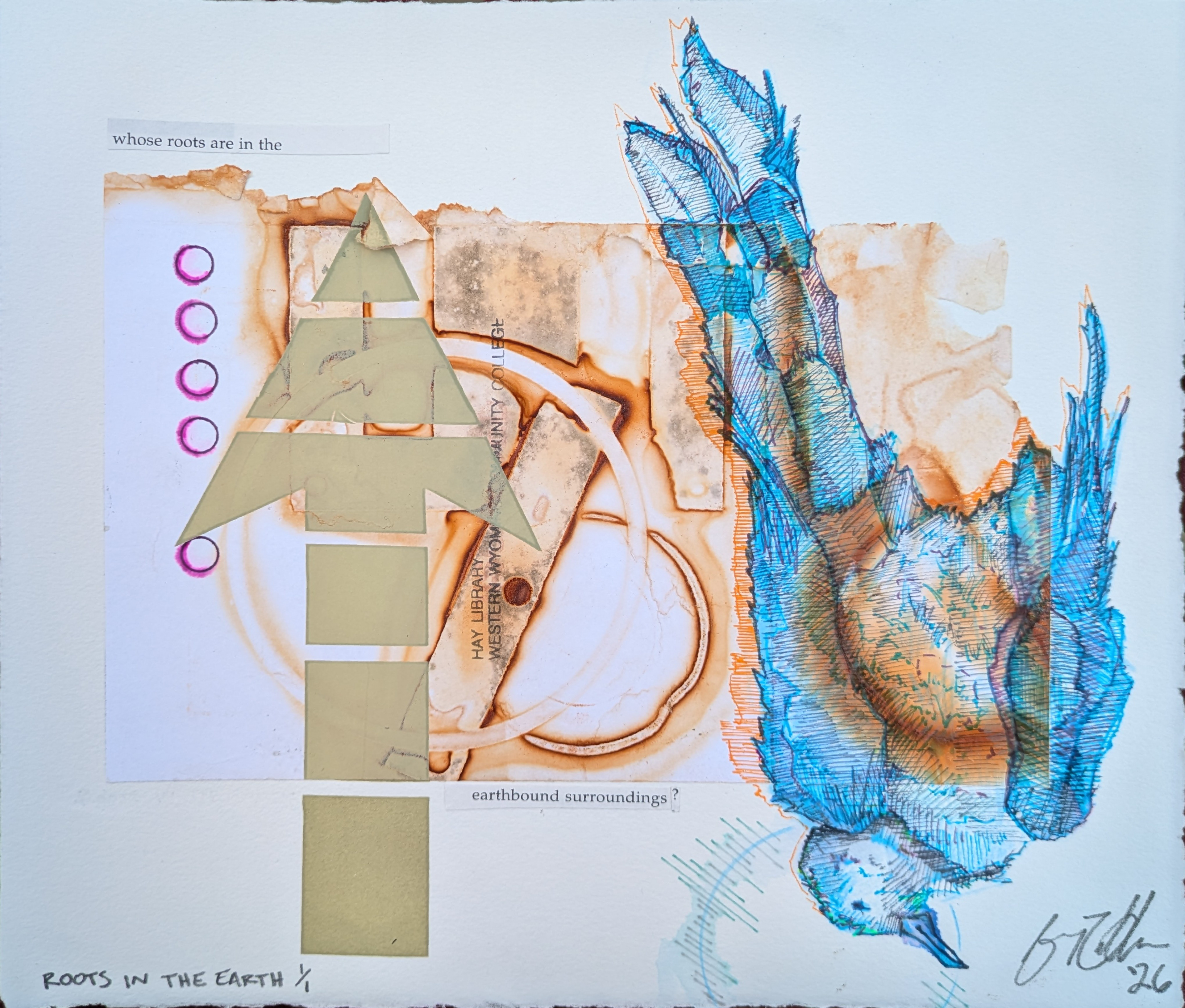Roots in the Earth, 10" x 8.5", rust printing and screen print  with collaged book text, and pen on repurposed book page, 2026