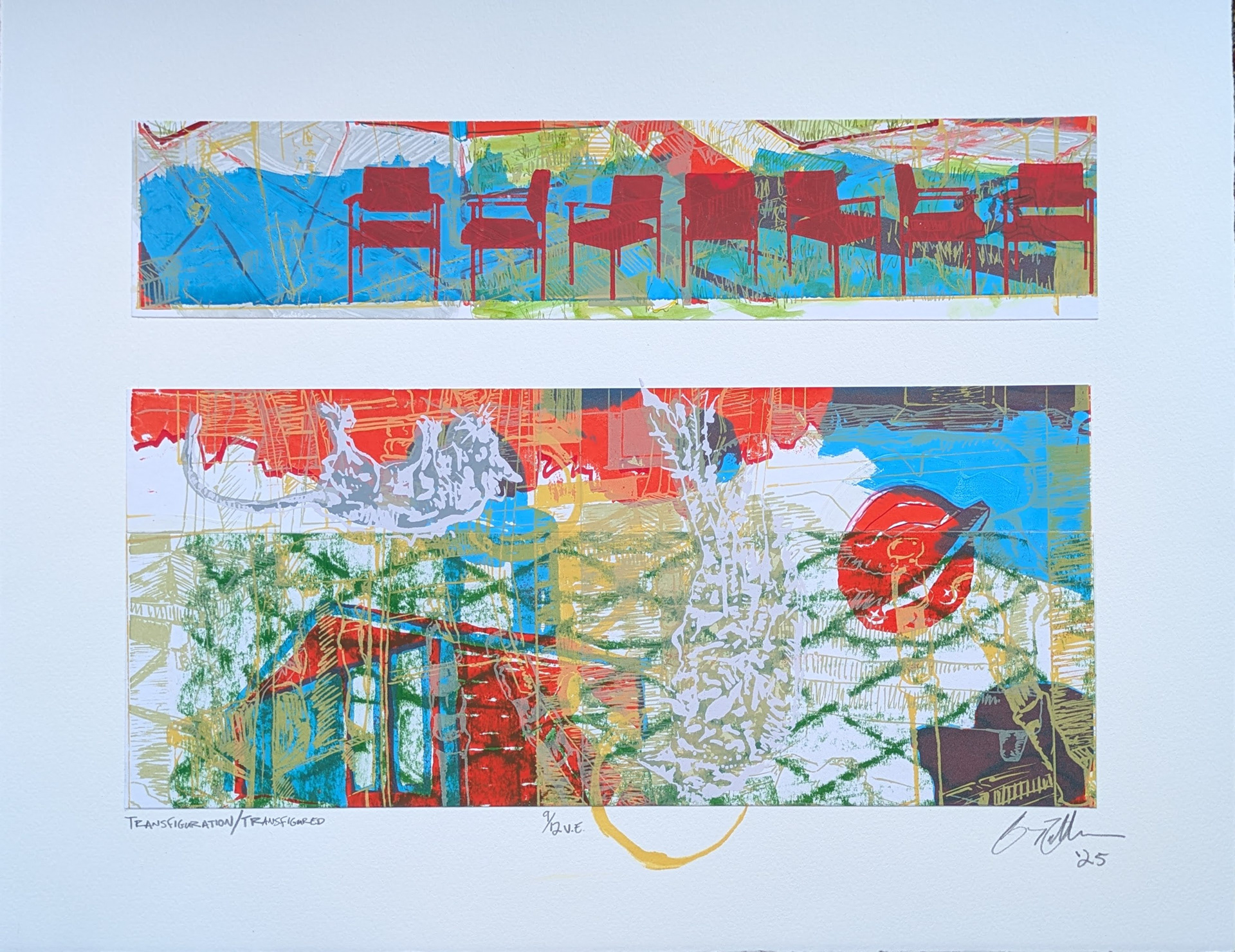 Transfiguration/Transfigured, 9/12V.E, 18" x 14" multiple silkscreen print with frottage, hand drawing, and collage, 2025