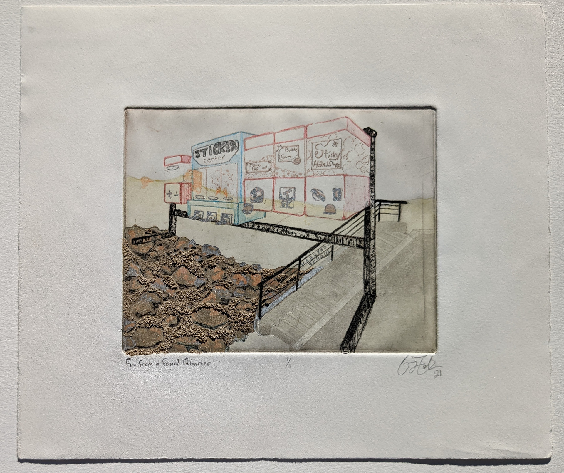 Fun From a Found Quarter, 10'' x 8.5'', multiple plate etching with colored pencil, gel pen, and dirt, 2021