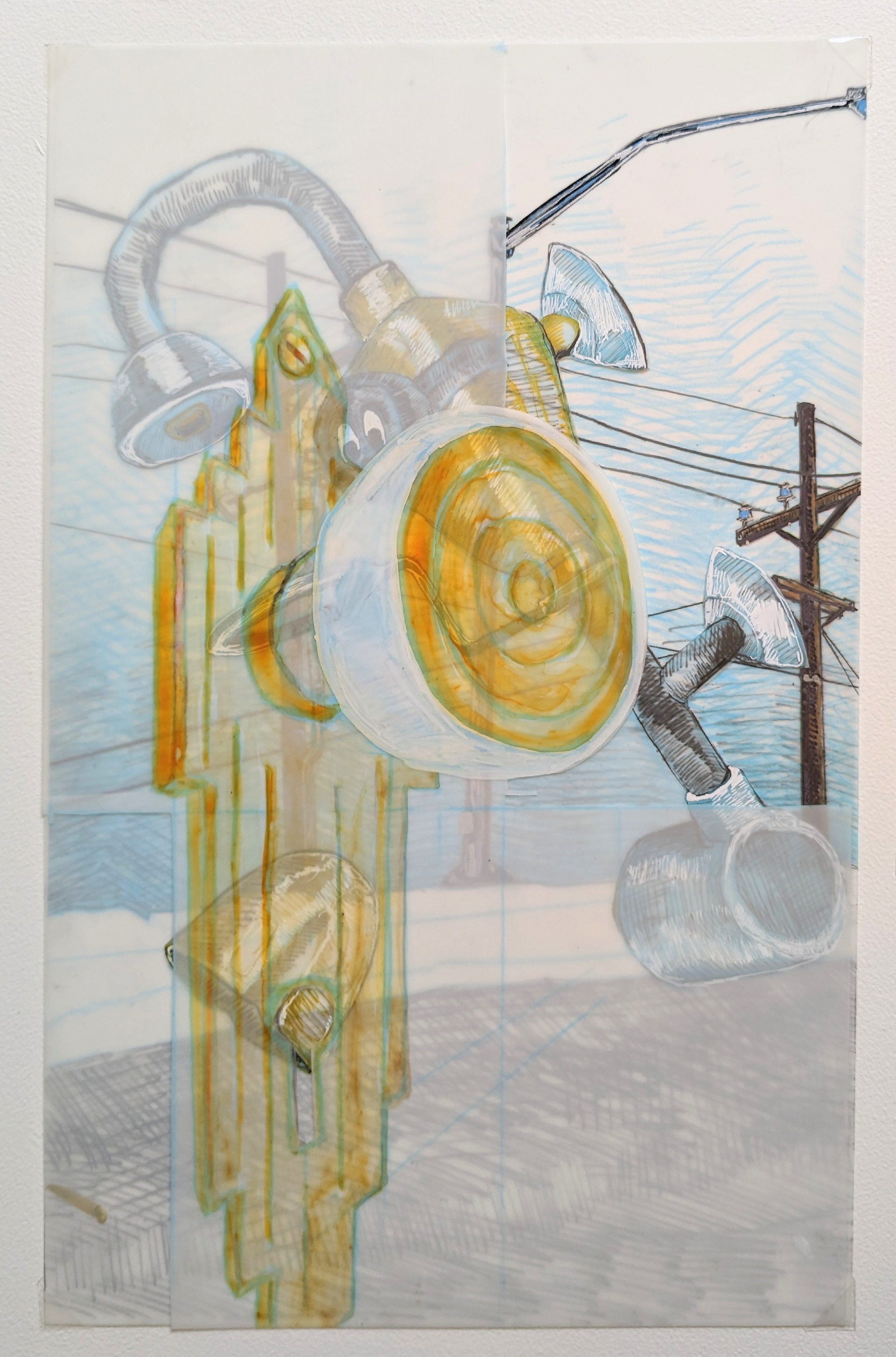Layered Sketchbook Project 2, 7'' x 11'', drafting pencil, graphite, gel pen, ink, and paint marker on frosted mylar, 2023