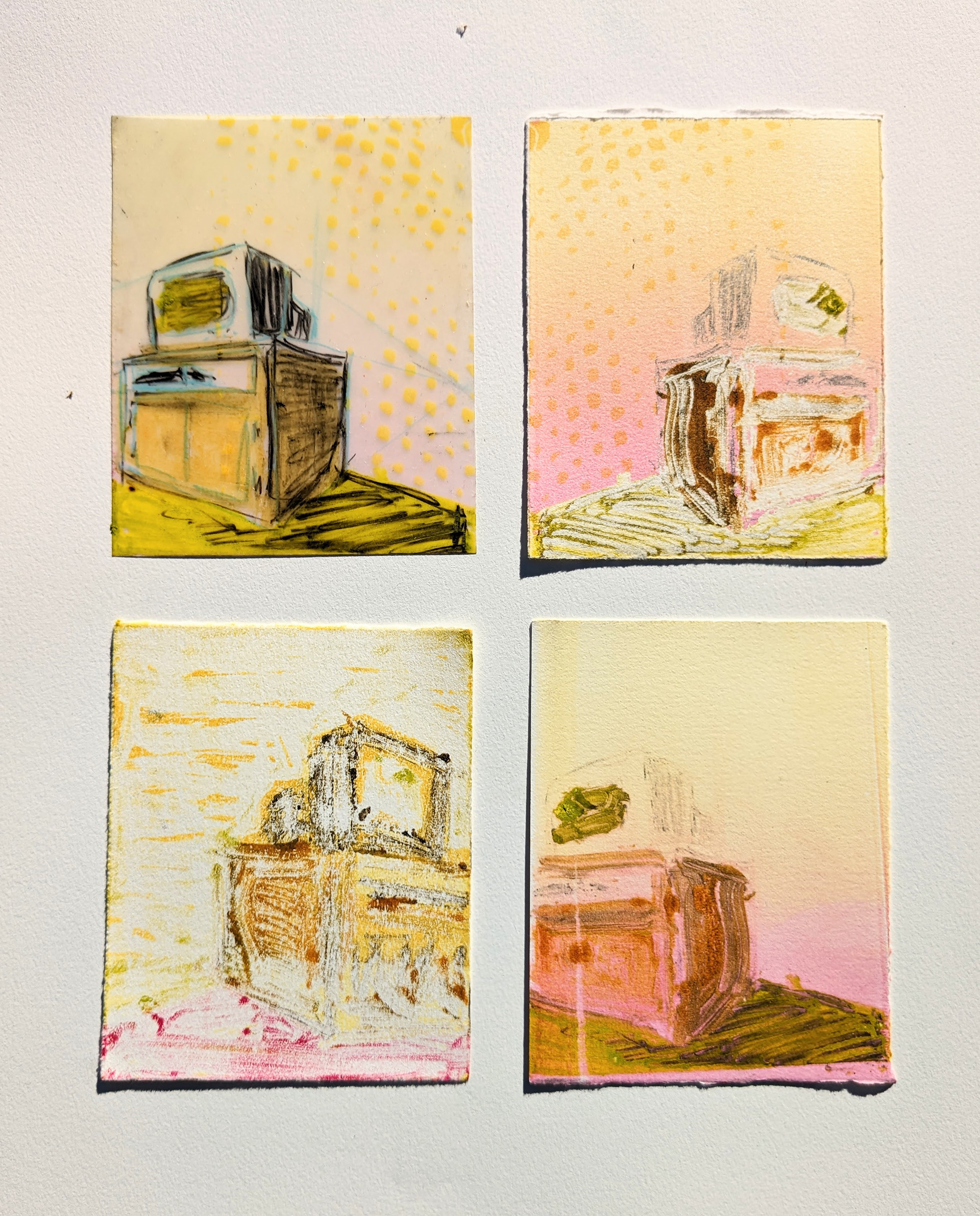 TV Stands, 8.5" x 10.5" (grid), manual offset printmaking, 2022