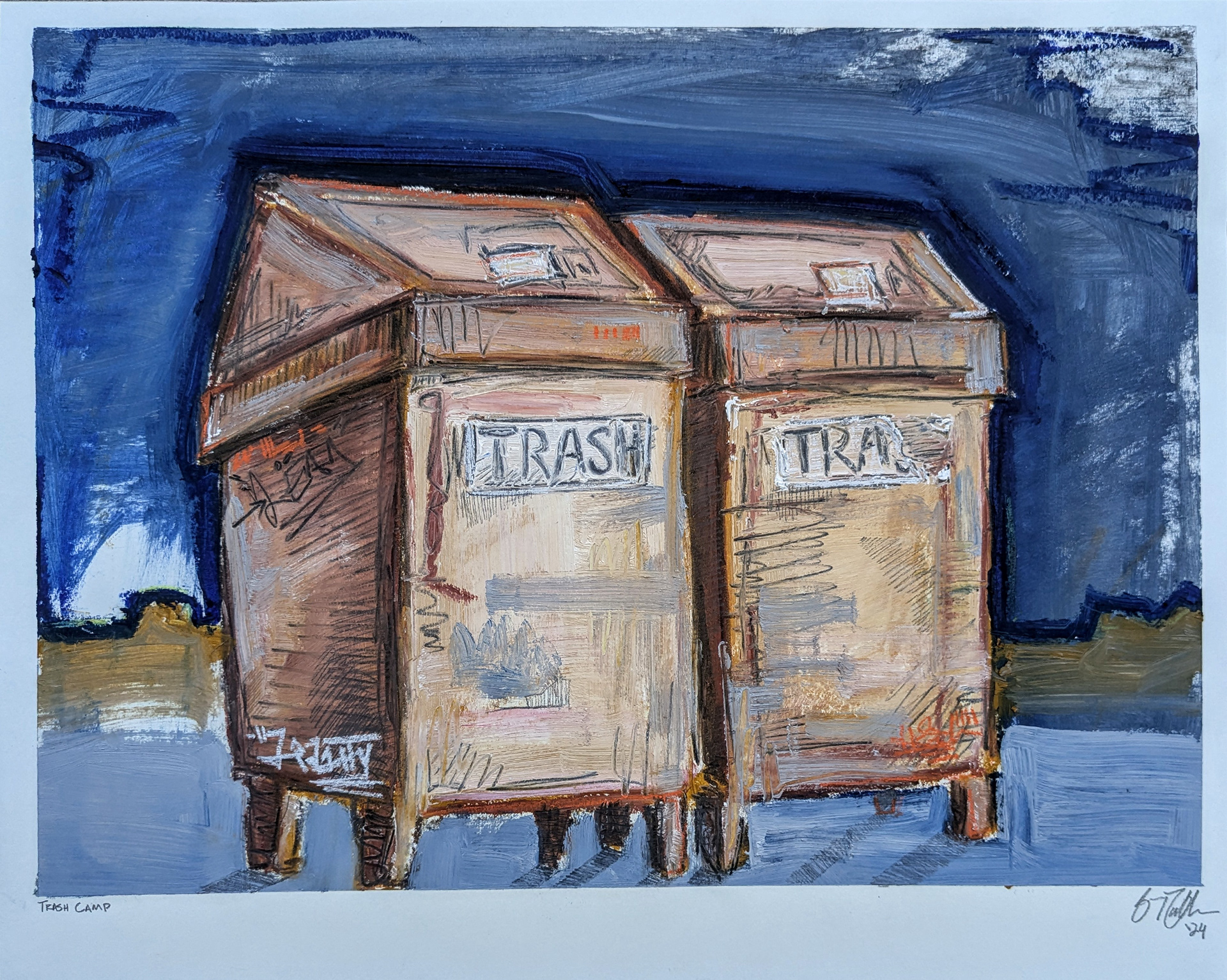 Trash Camp, 18'' x 24'' oil sticks, oil paint, charcoal, and china marker on paper, 2024