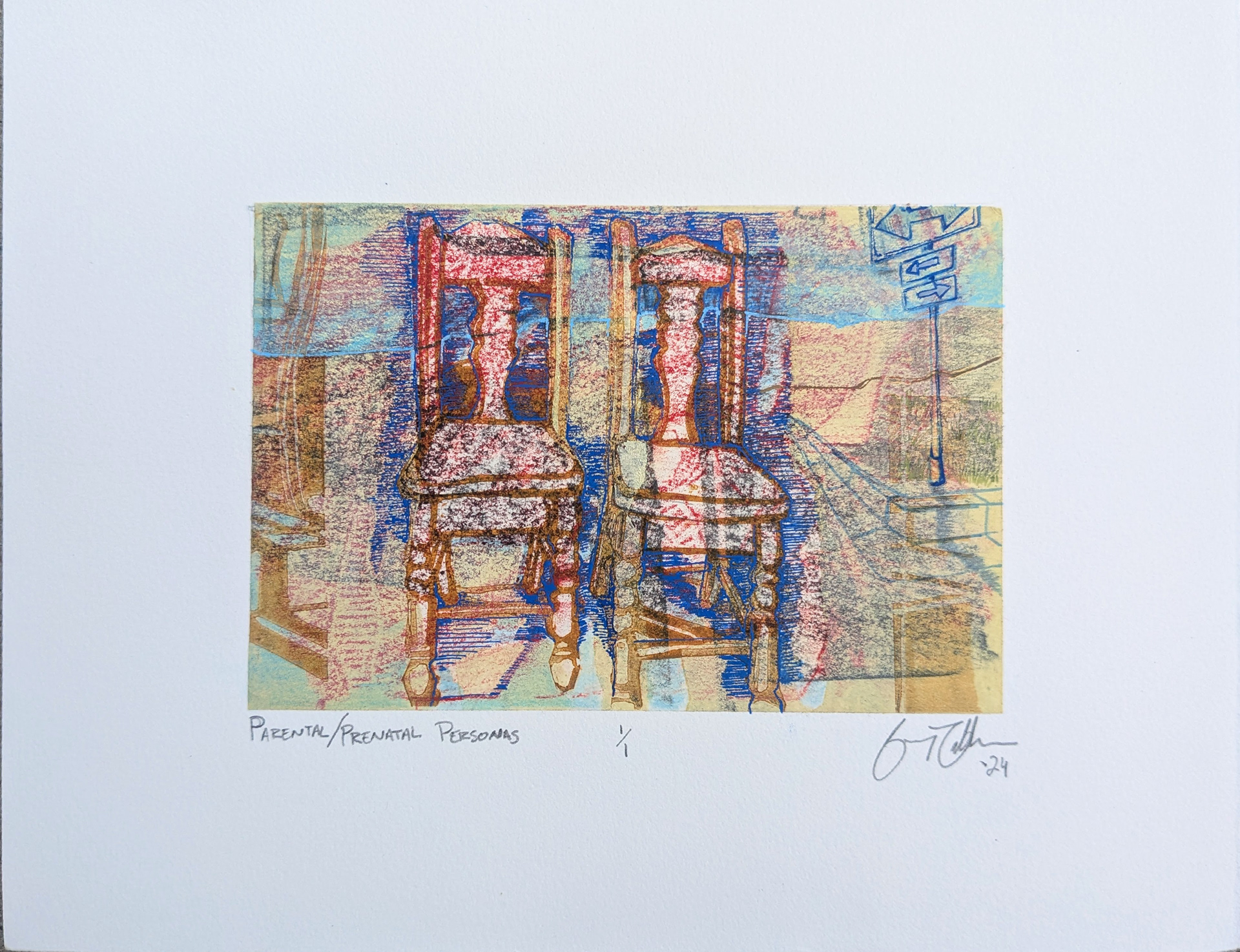 Parental/Prenatal Personas, 10'' x 8'' multi block linoleum cut with drafting pencil, graphite, gel pen, and colored pencil, 2024