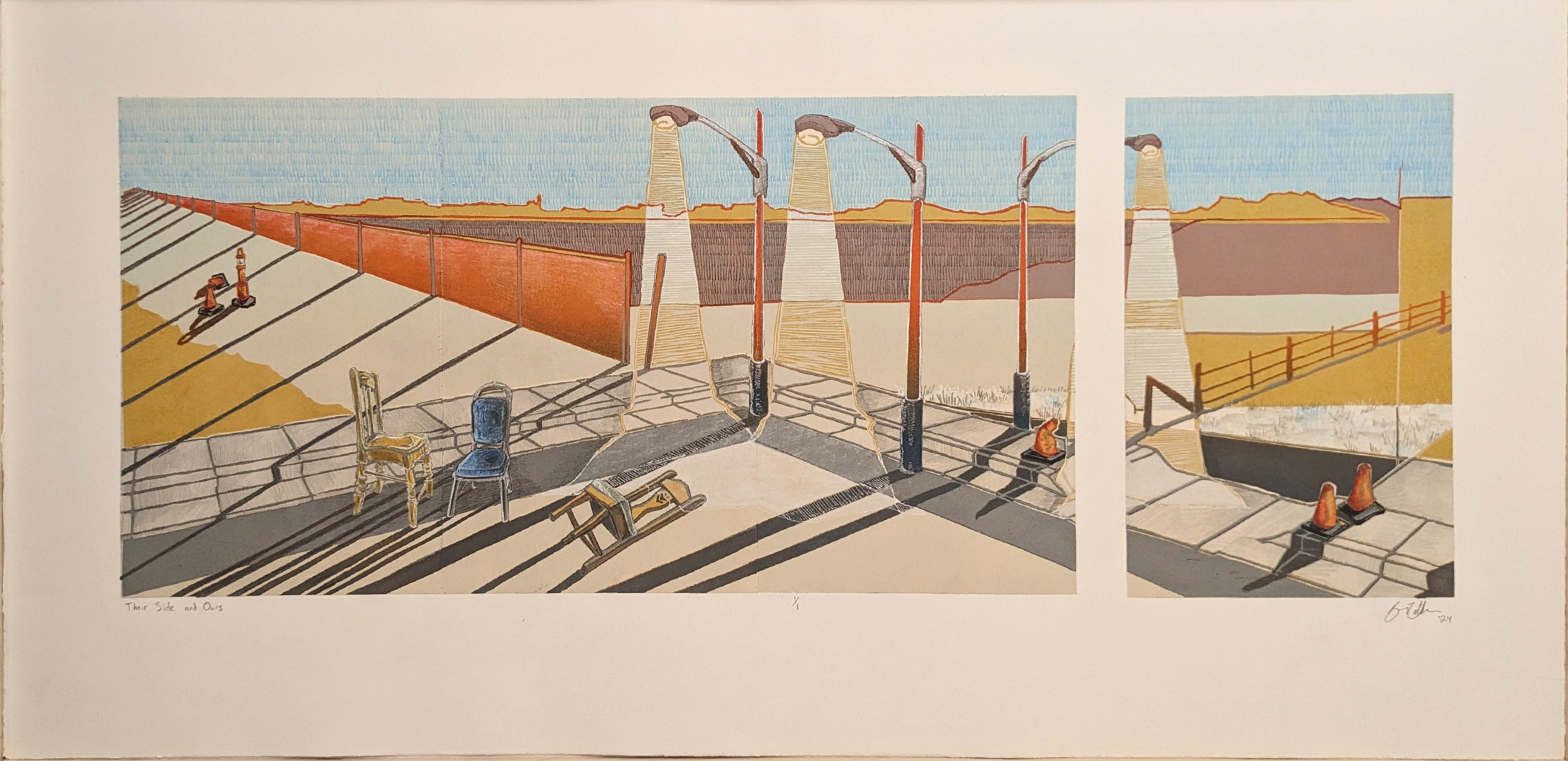 Their Side and Ours, 31'' x 17'' reductive linoleum cut with graphite, drafting pencil, colored pencil, gel pen, and acrylic paint marker, 2024