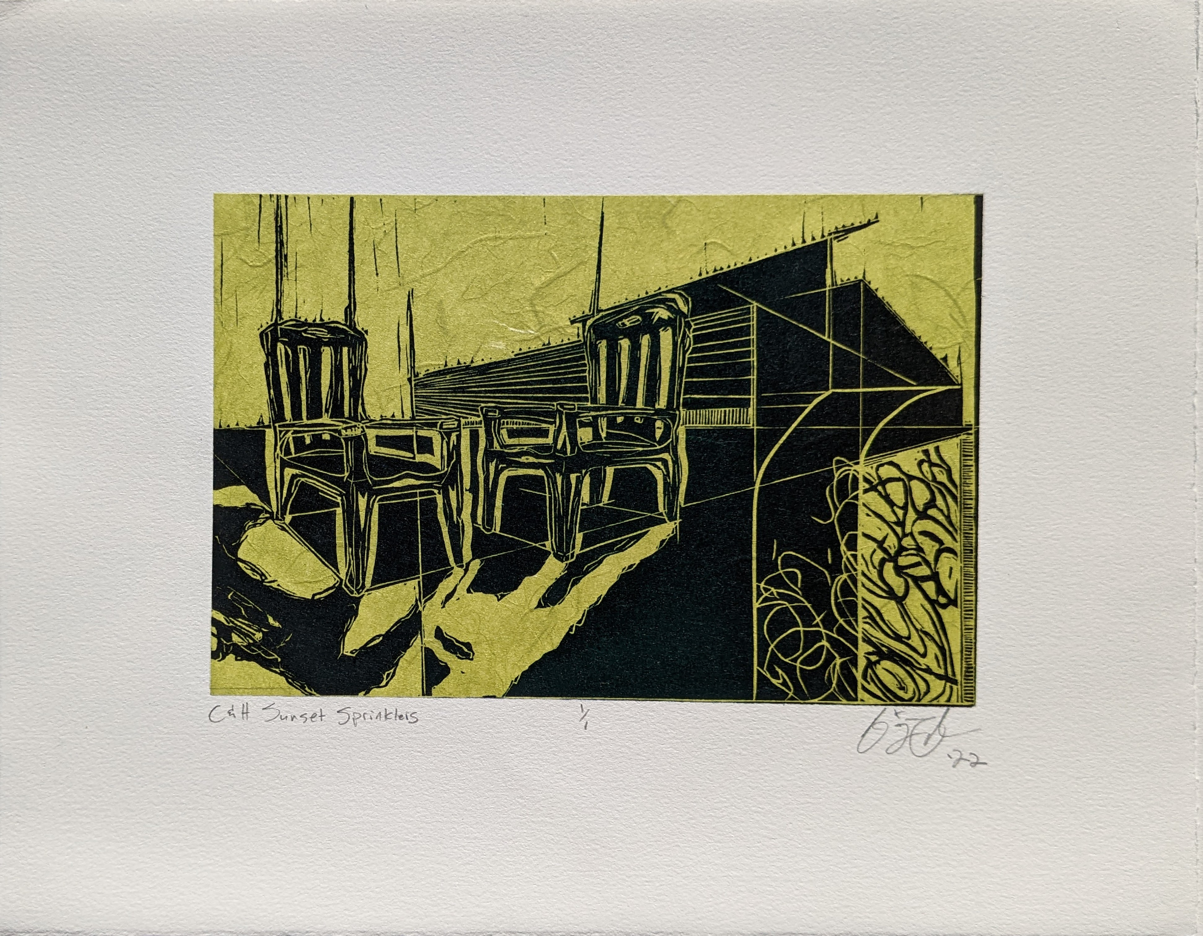 C&H Sunset Sprinklers, 14" x 11", linocut on mounted mulberry tissue, 2022