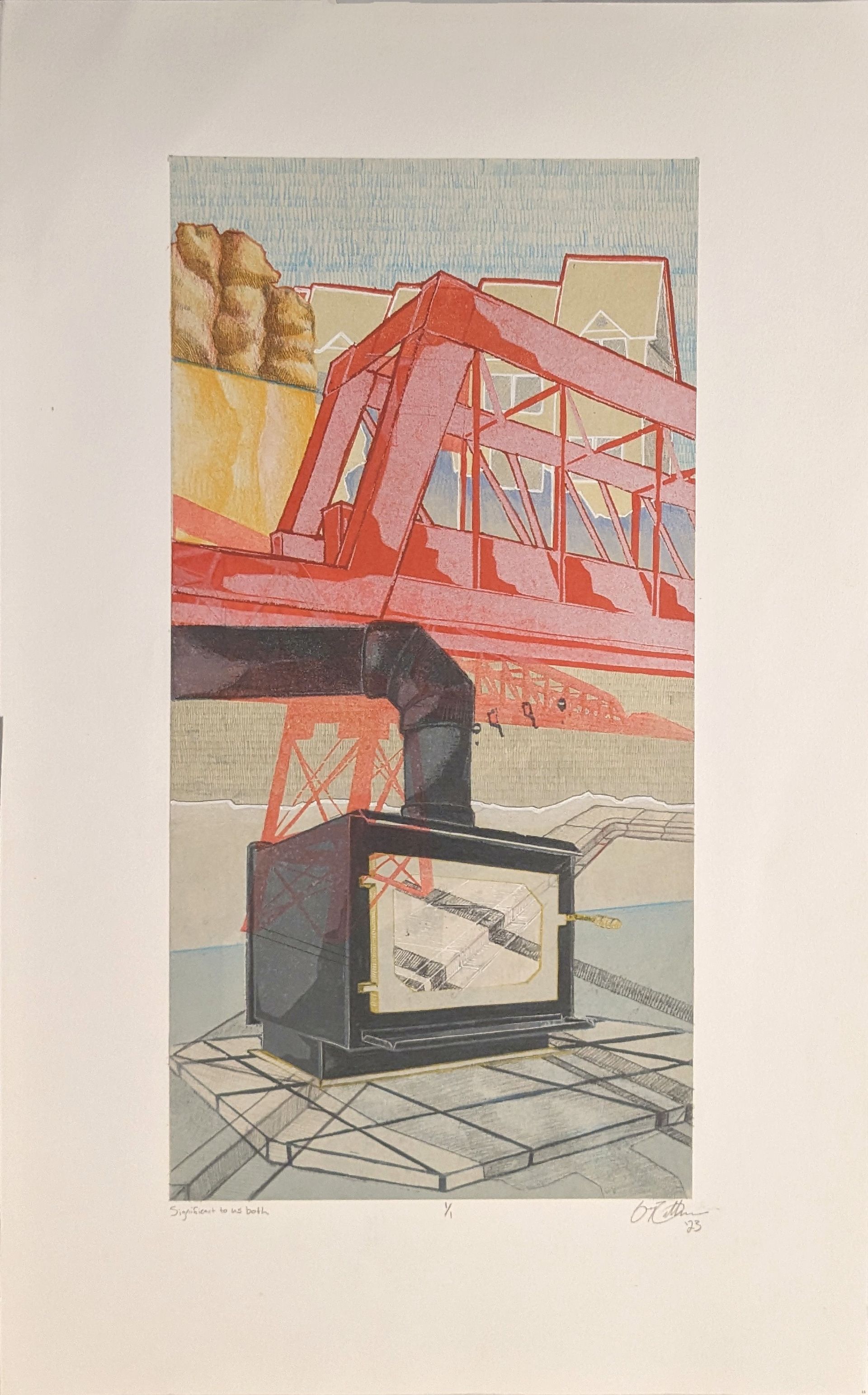 Significant to Us Both, 13'' x 18'' multi block reductive linoleum cut with graphite, drafting pencil,  acrylic paint pen, and colored pencil, 2023