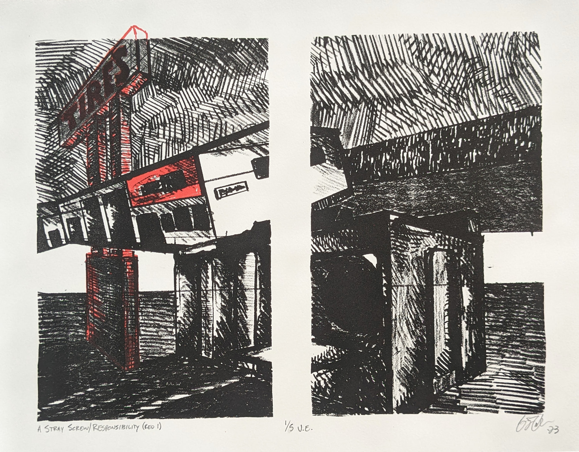 A Stray Screw/Responsibility (Red 1), 14'' x 11'', Stone Lithography with Screen Printing, 2023