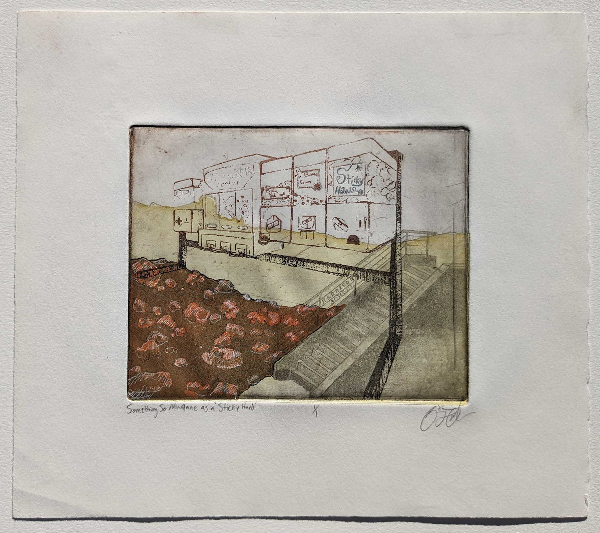 Something So Mundane as a 'Sticky Hand', 10'' x 8.5'', multiple plate etching with gel pen, 2021