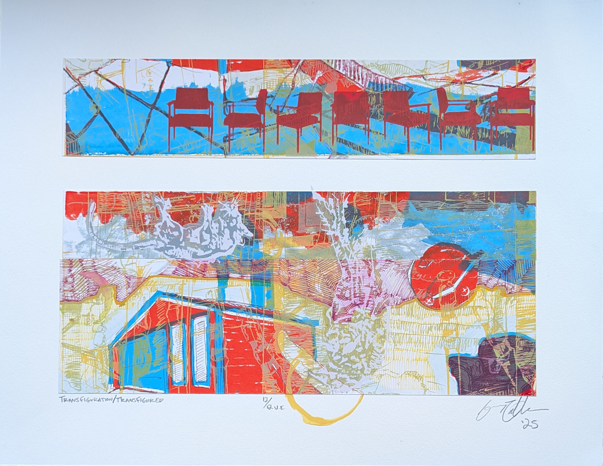 Transfiguration/Transfigured, 11/12V.E, 18" x 14" multiple silkscreen print with frottage, hand drawing, and collage, 2025