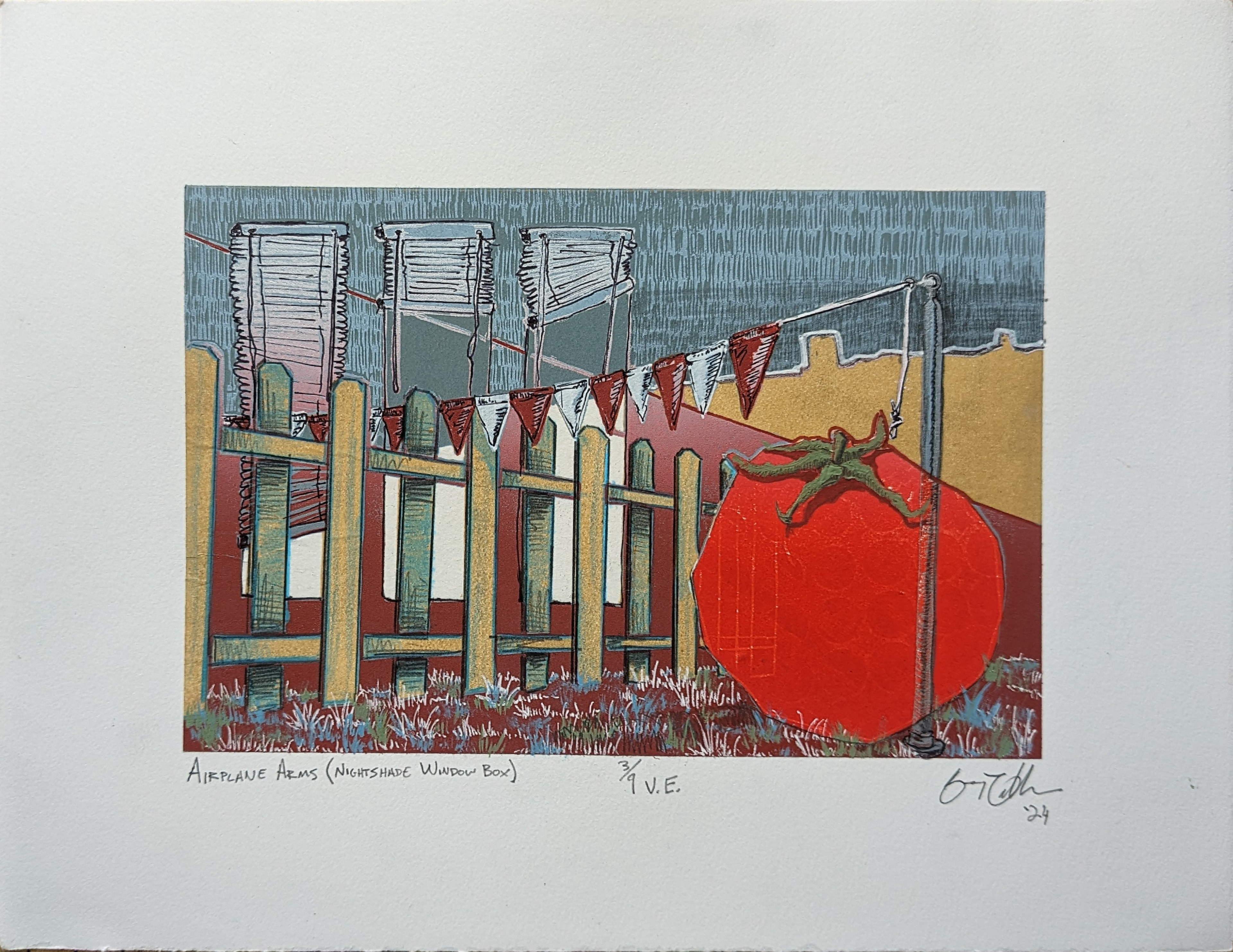 Airplane Arms (Nightshade Window Box) 3/9 V.E., 13'' x 10'' reductive linoleum cut and chine collé with graphite, drafting pencil, ballpoint pen, gel pen, and acrylic paint marker, 2024