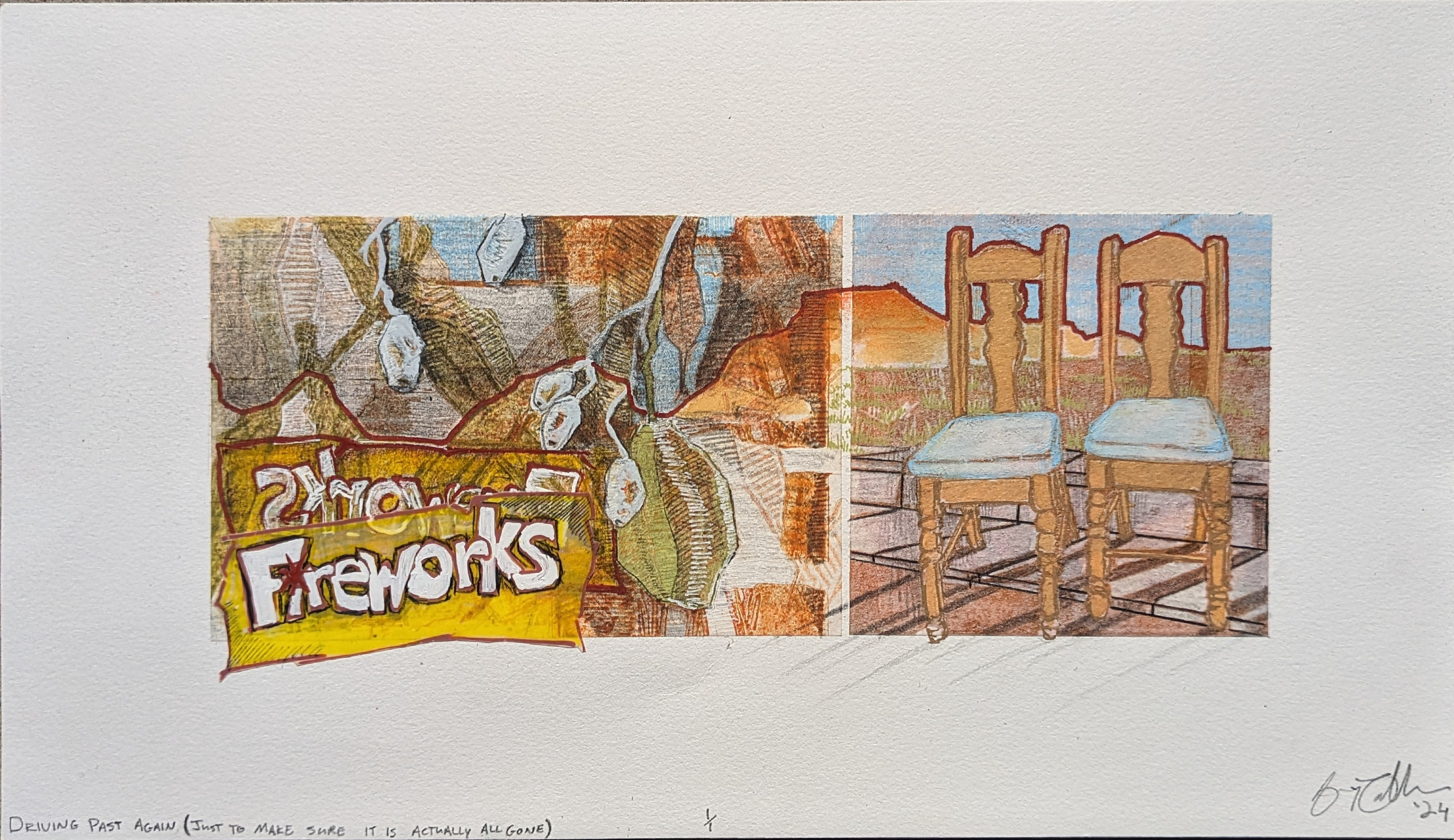 Driving Past Again (just to make sure it is actually all gone), 14'' x 8'' reductive linoleum cut and frottage with graphite, drafting pencil, gel pen, acrylic paint marker, colored pencil, and collage, 2024