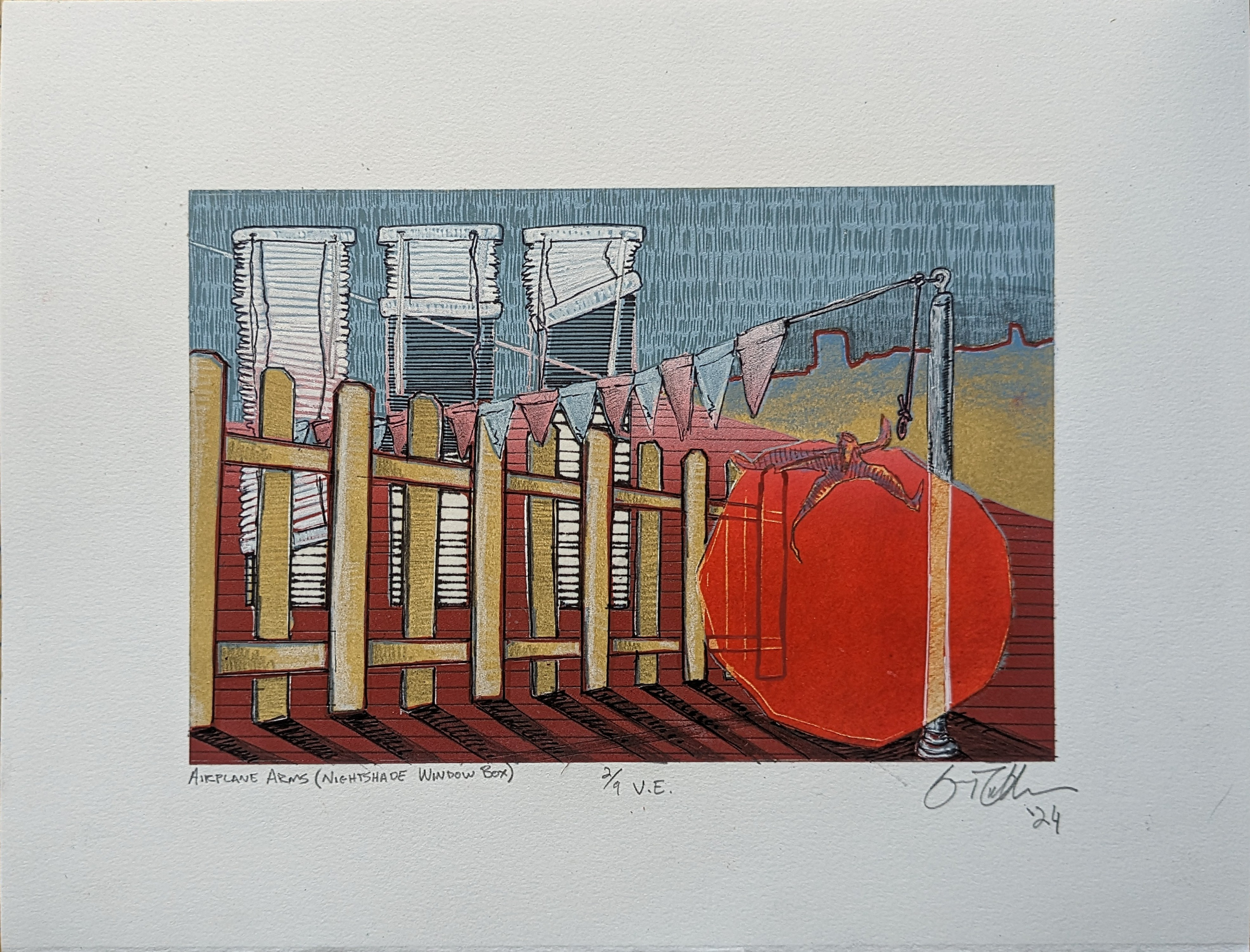 Airplane Arms (Nightshade Window Box) 2/9 V.E., 13'' x 10'' reductive linoleum cut and chine collé with graphite, ballpoint pen, gel pen, and acrylic paint marker, 2024