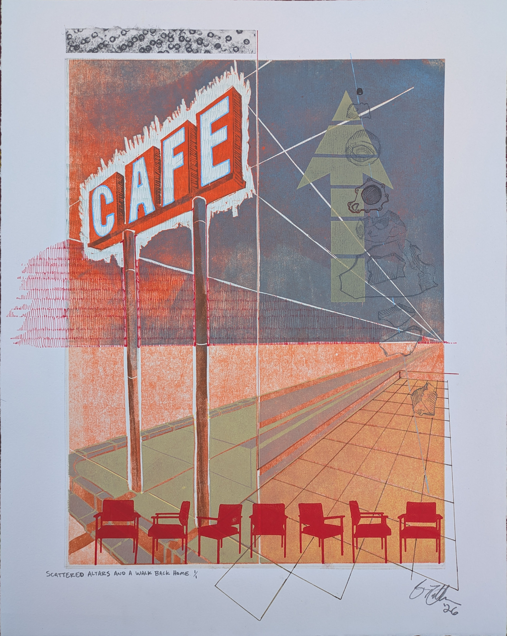 Scattered Altars and a Walk Back Home, 16" x 20", multiple block reductive woodcut with screen printing, frottage, graphite, and pen, 2026 16" x 20"