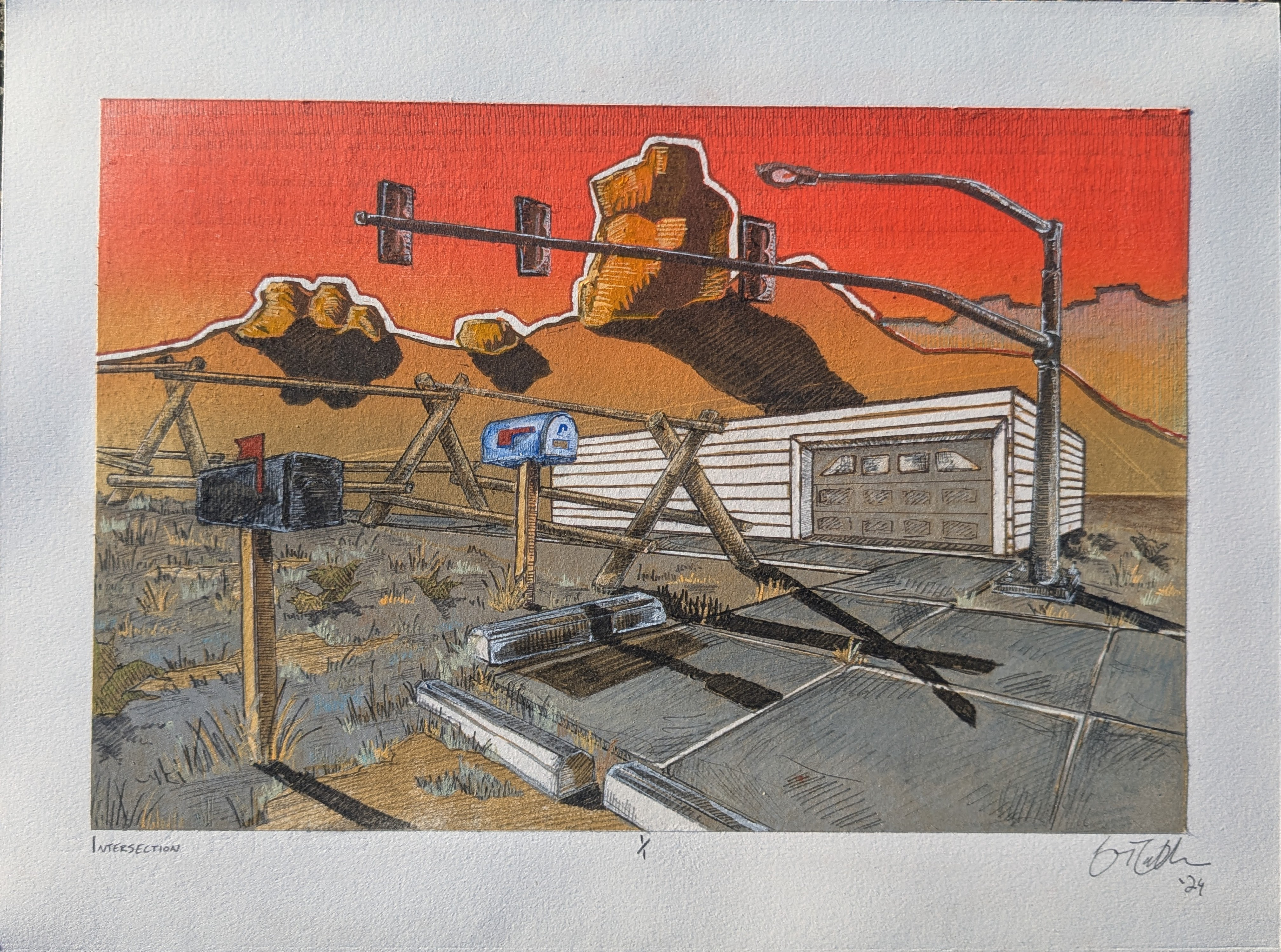 Intersection, 16'' x 11.5'' reductive woodcut with gel pen, graphite, acrylic paint marker, colored pencil, and acrylic paint, 2024