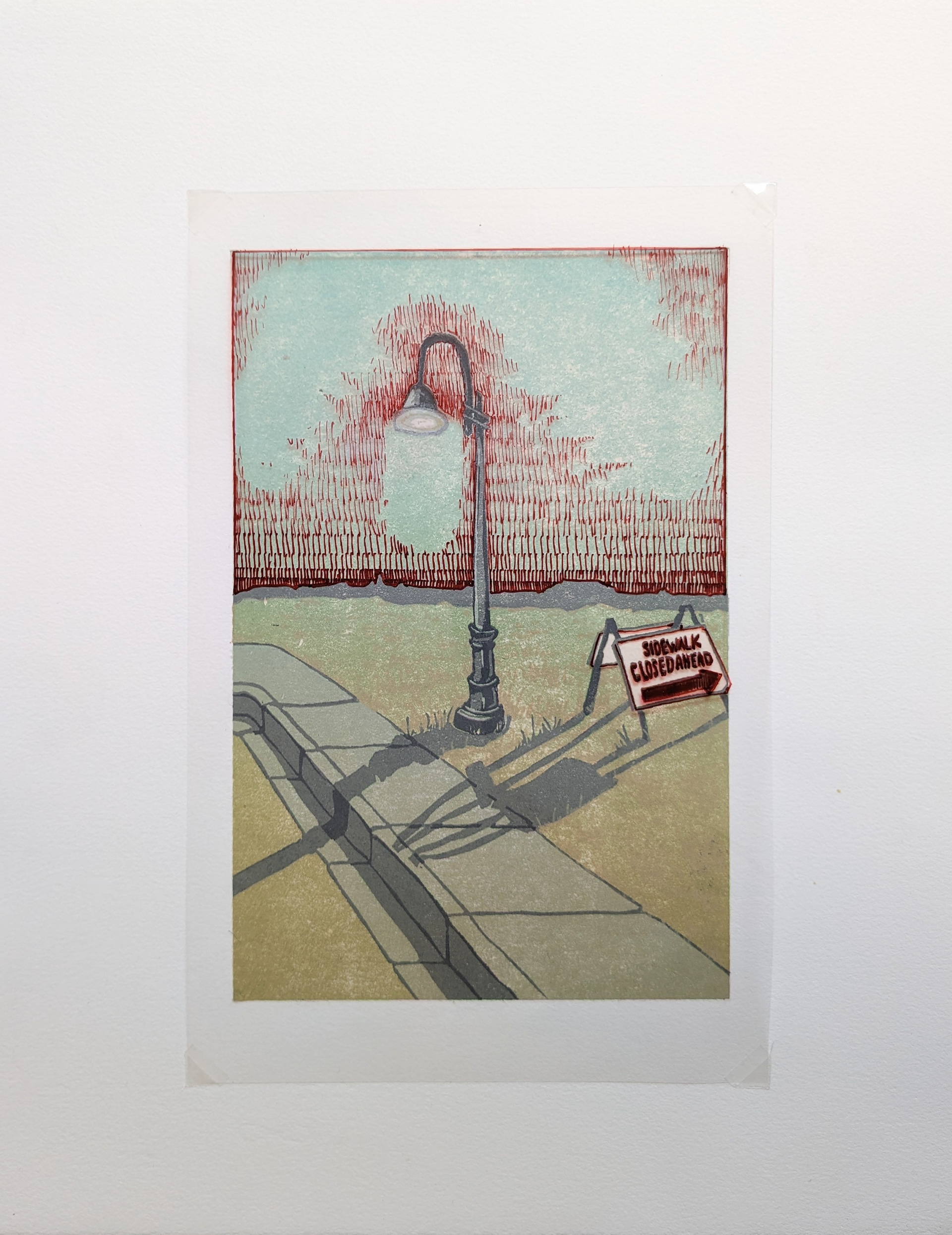 Sidewalk Closed Ahead, 6.5'' x 11'' reductive linoleum cut and silkscreen with zig pen on an acetate cover sheet, 2023