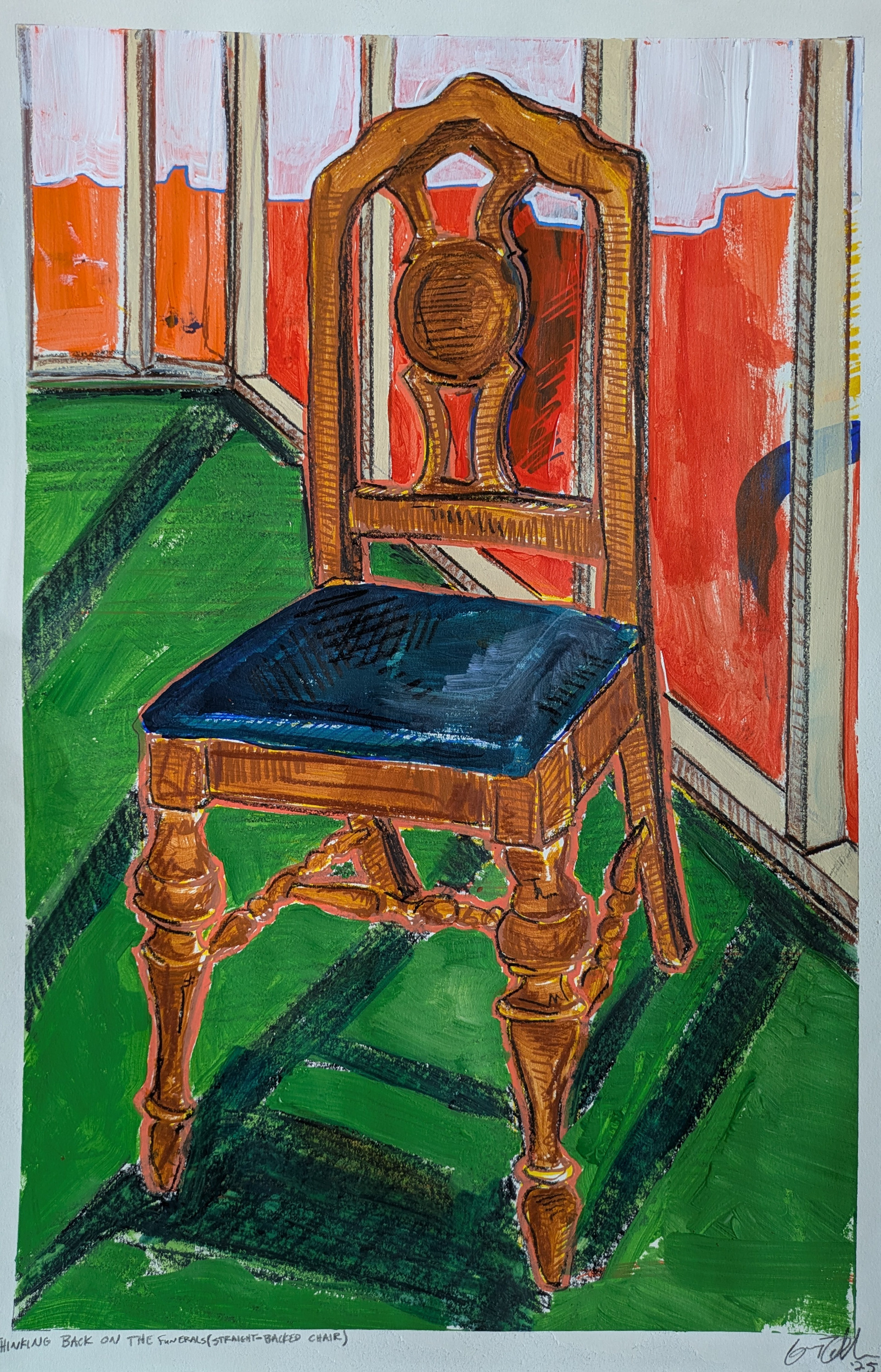 Thinking Back on the Funerals (straight backed chair) 12'' x 18'' acrylic paint, graphite, china marker, gesso, and paint markers on paper, 2025