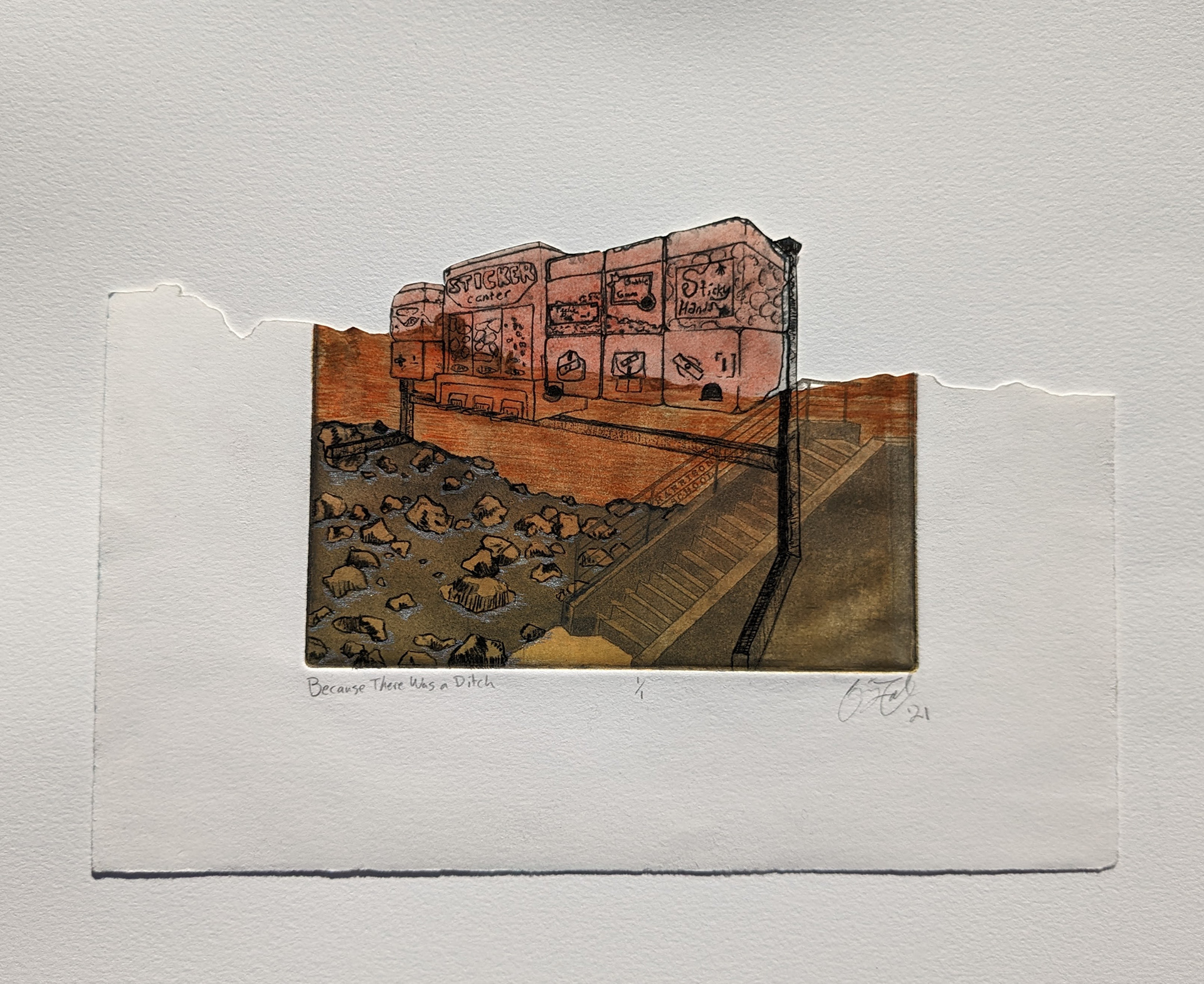 Because There Was a Ditch, 10'' x 8.5'', multiple plate etching with colored pencil, and gel pen, 2021