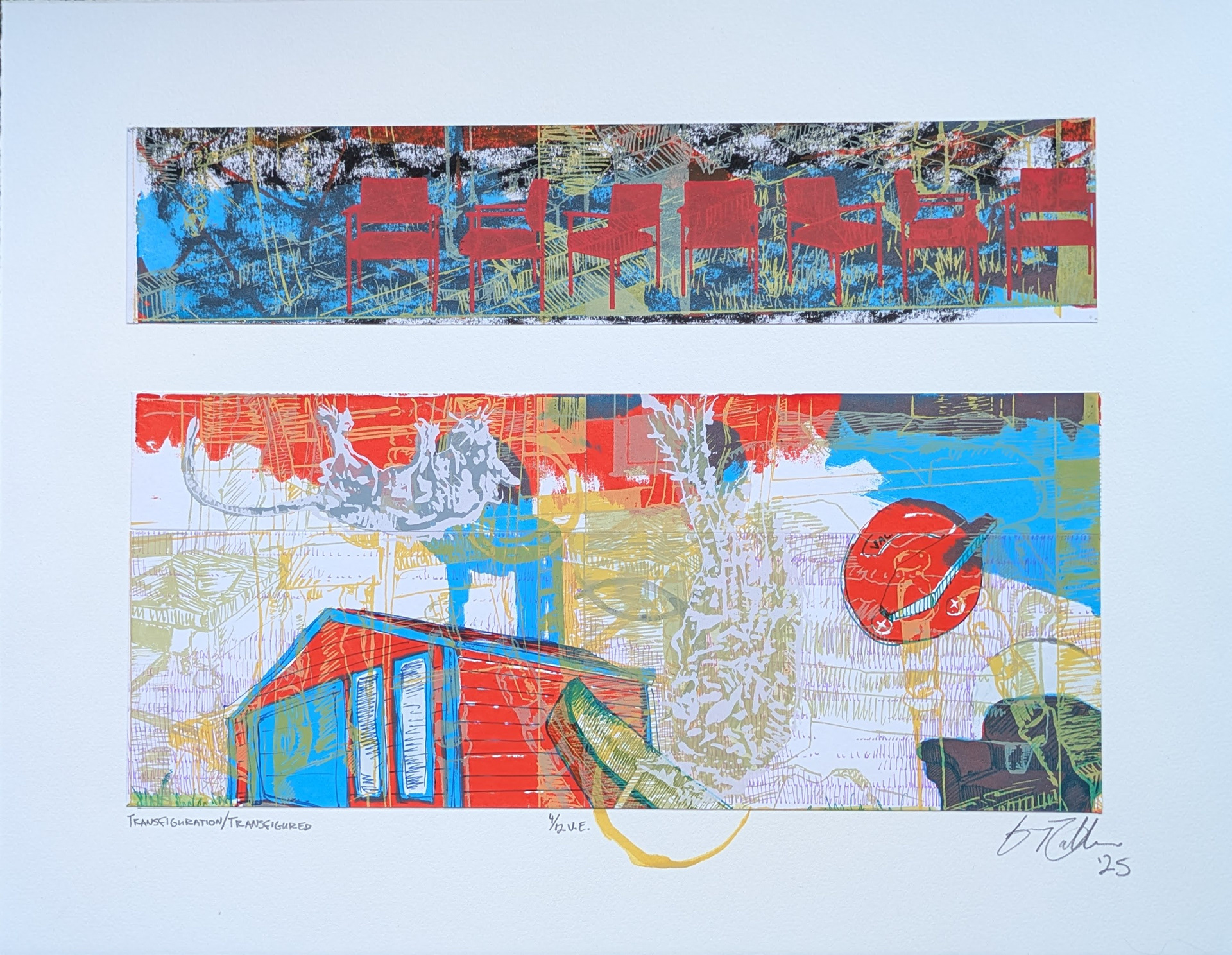 Transfiguration/Transfigured, 4/12V.E, 18" x 14" multiple silkscreen print with frottage, hand drawing, and collage, 2025