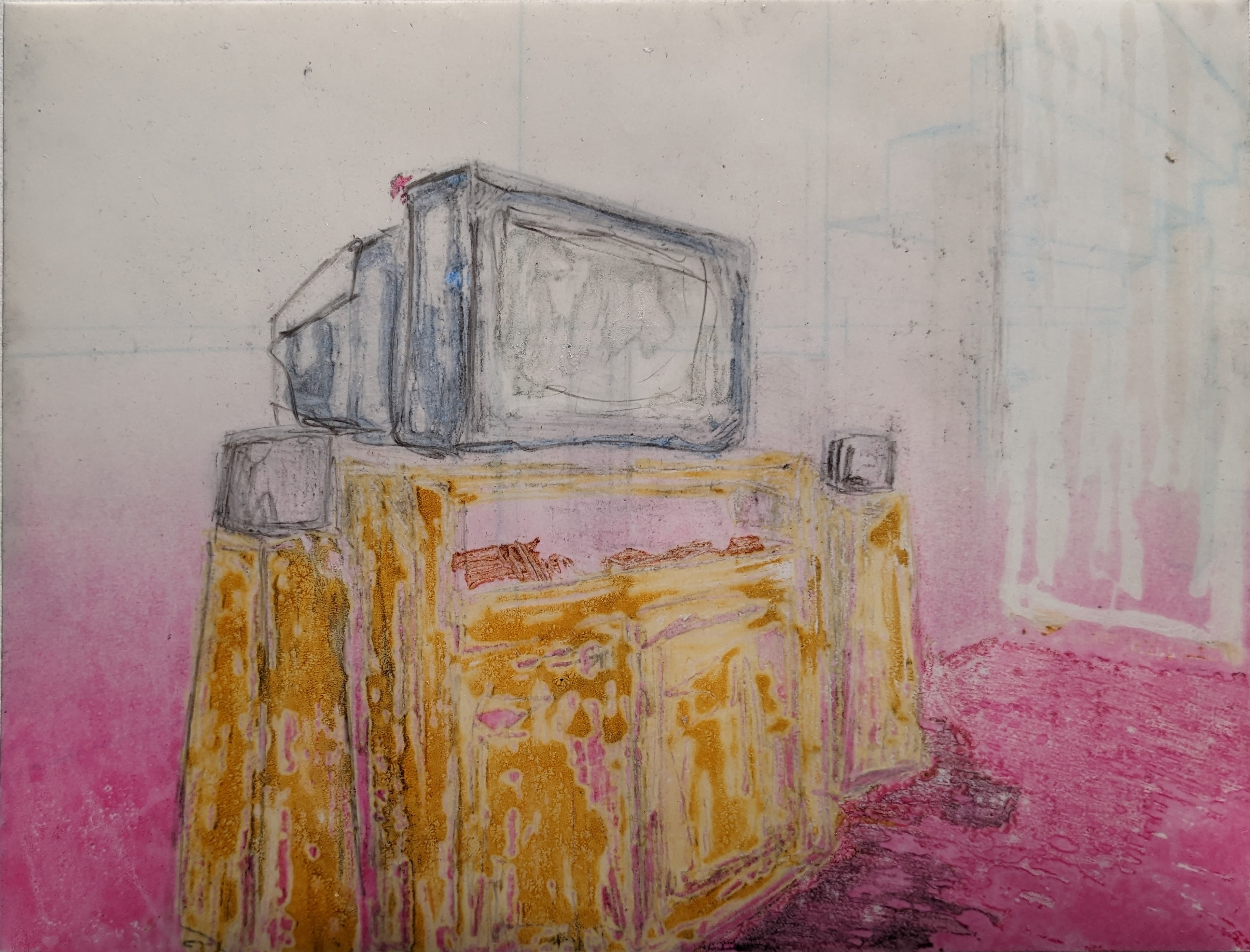 Toy Room Spying (back), 12" x 9", manual offset printmaking with gel pen, ballpoint pen, drafting pencil, and graphite, 2022