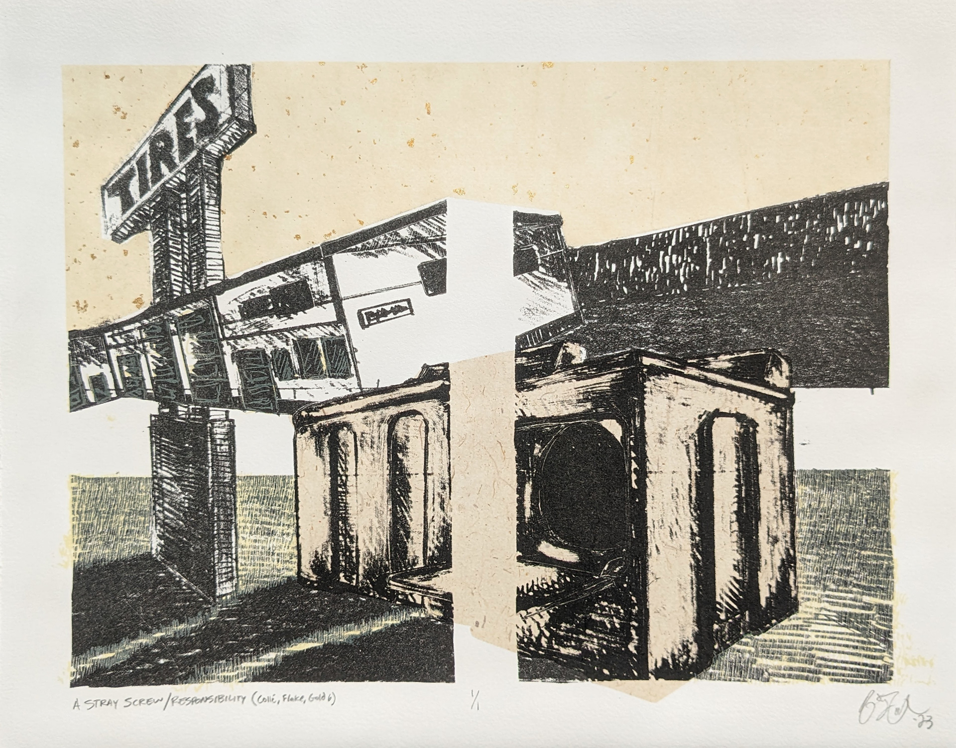 A Stray Screw/Responsibility (Collé, Flake, Gold 6), 14'' x 11'', Stone Lithography with Screen Printing and Chine Collé, 2023