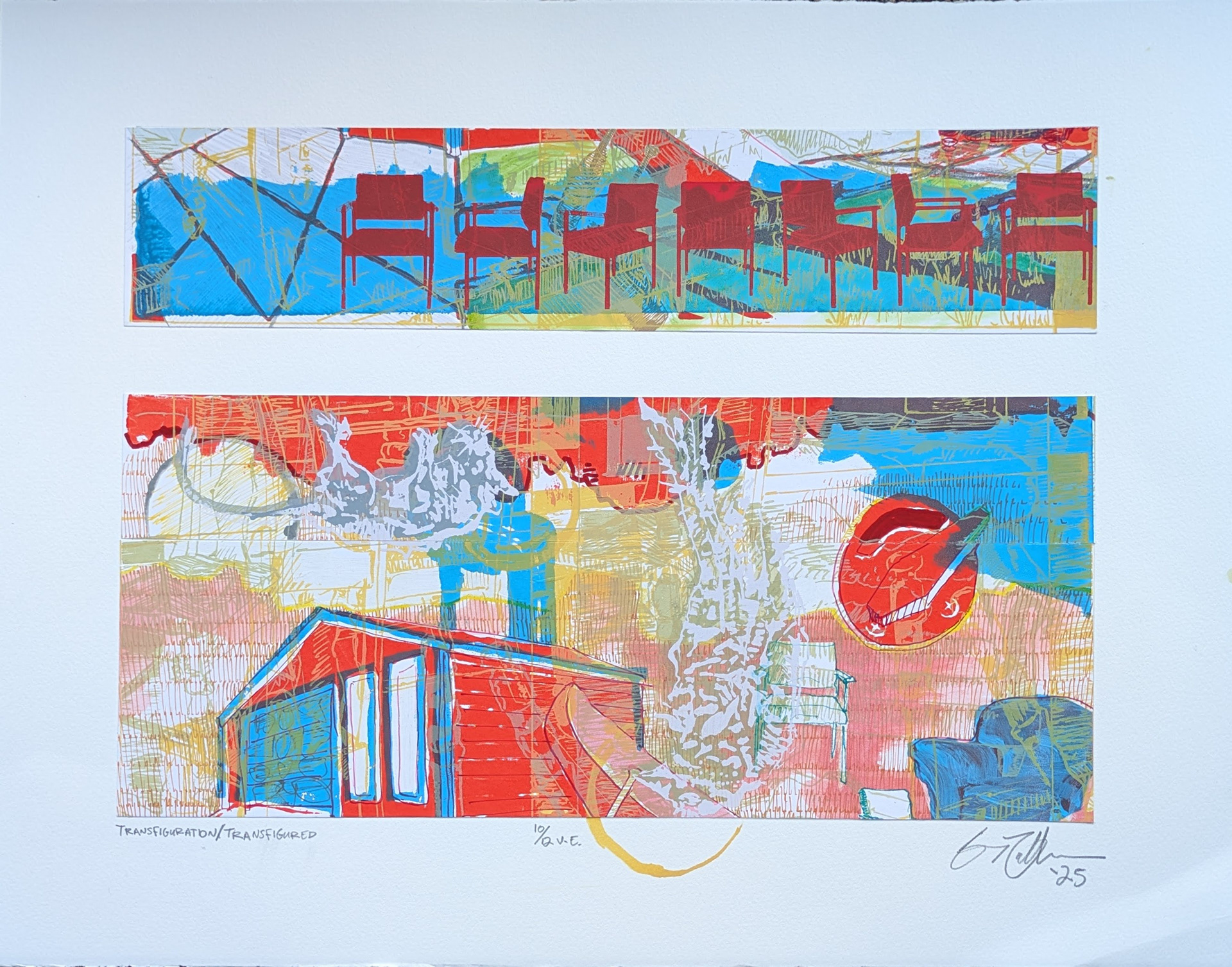 Transfiguration/Transfigured, 10/12V.E, 18" x 14" multiple silkscreen print with frottage, hand drawing, and collage, 2025