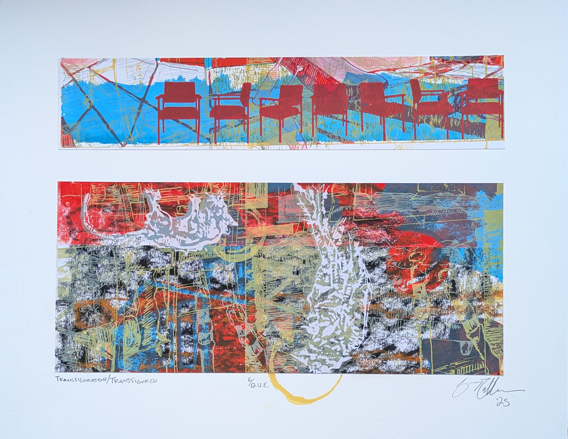 Transfiguration/Transfigured, 6/12V.E, 18" x 14" multiple silkscreen print with frottage, hand drawing, and collage, 2025