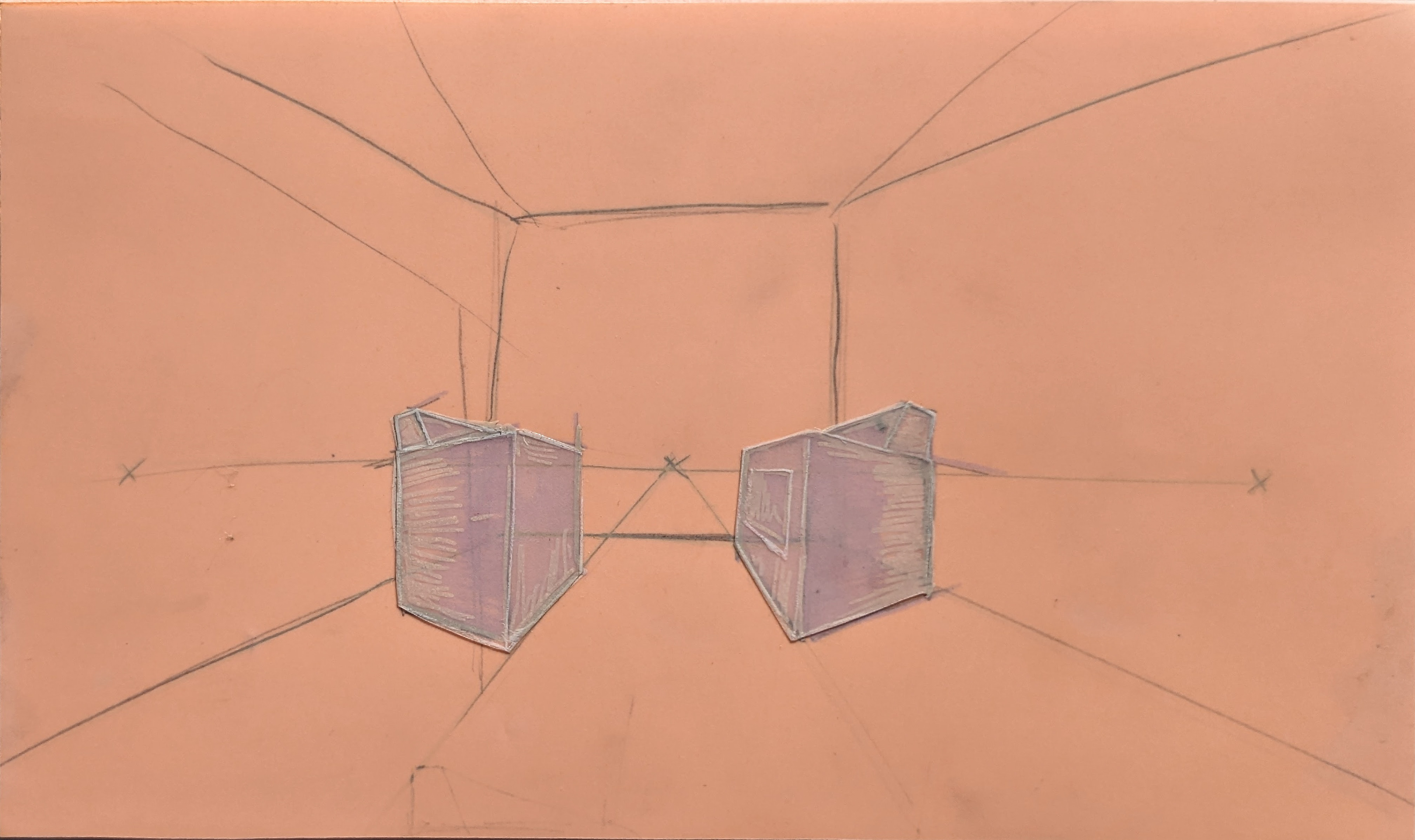 Washing Machines (sketch), 7'' x 5'', graphite and acrylic paint on frosted mylar with pasted paper, 2022