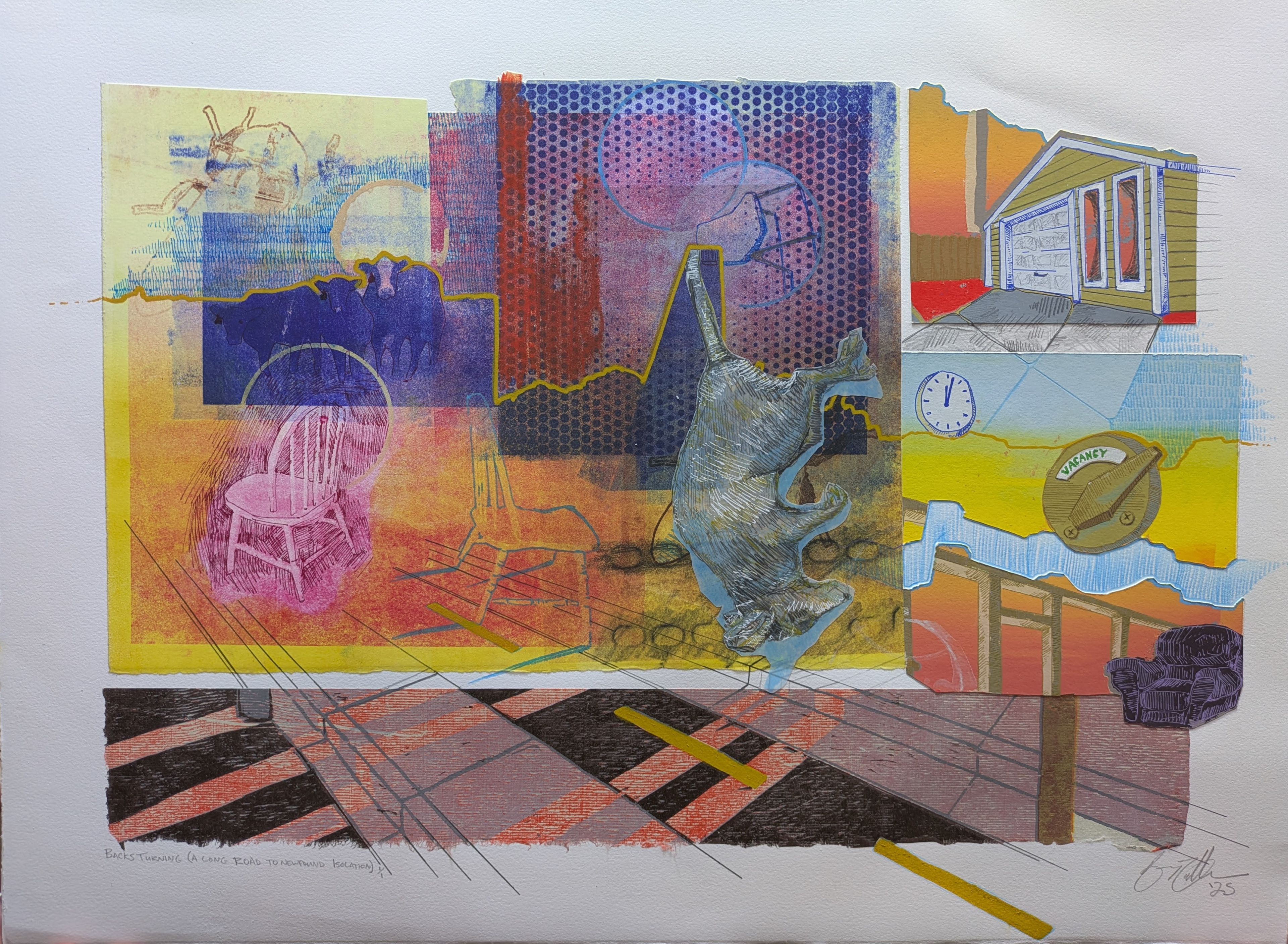 Backs Turning (a long road to newfound isolation), paper lithography, reductive woodcut, reductive screenprint, and collage with pen, gel pen, drafting pencil. graphite, and frottage, 2025