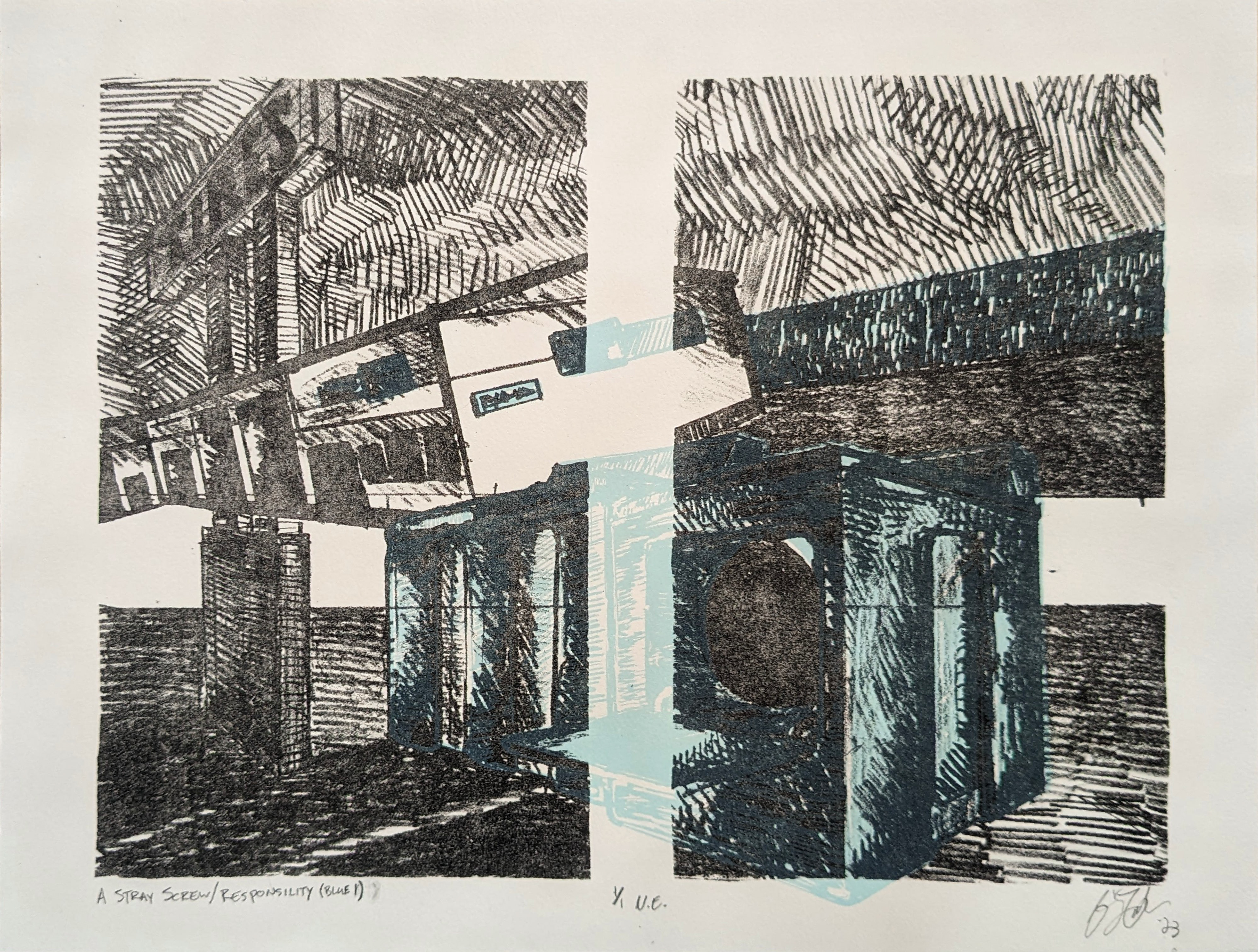 A Stray Screw/Responsibility (Blue 1), 14'' x 11'', Stone Lithography with Screen Printing, 2023