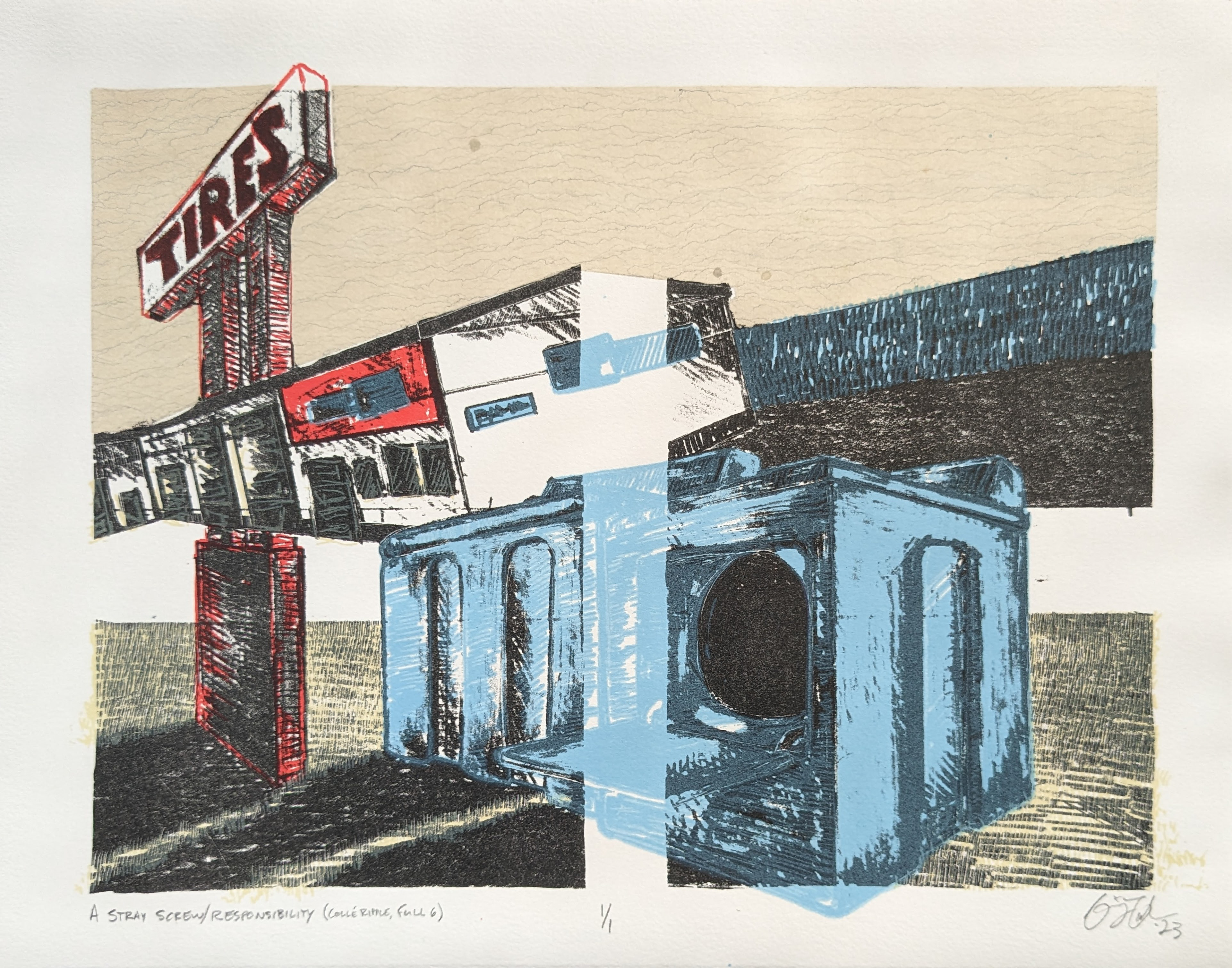 A Stray Screw/Responsibility (Collé, Ripple, Full 6), 14'' x 11'', Stone Lithography with Screen Printing and Chine Collé, 2023