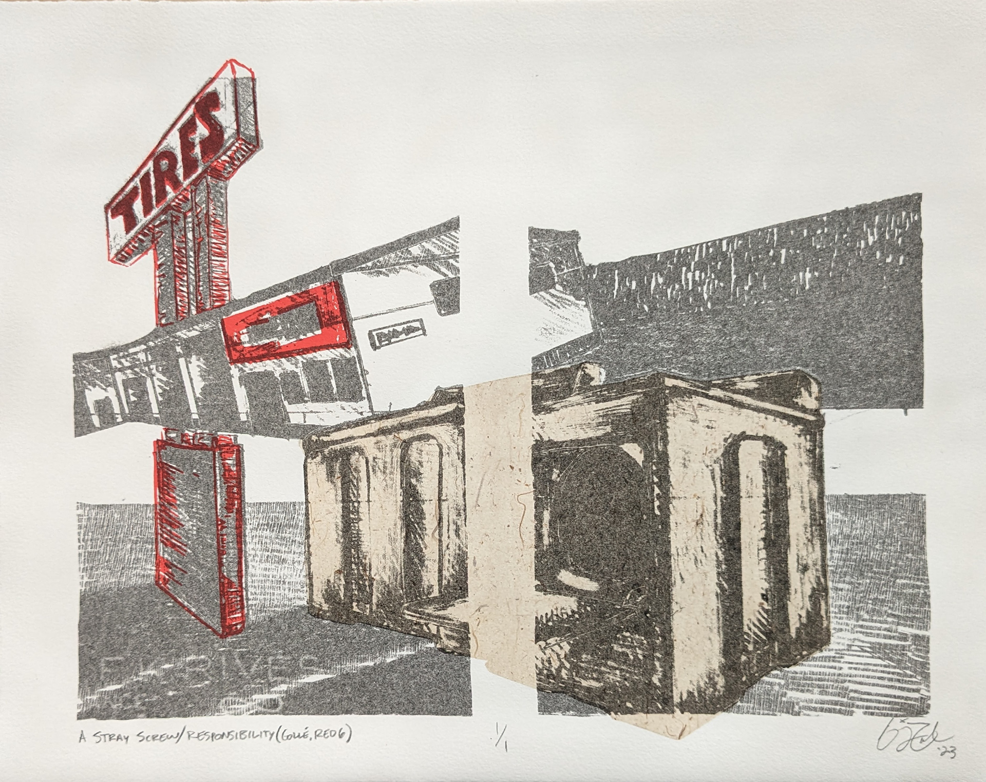A Stray Screw/Responsibility (Collé, Red 6), 14'' x 11'', Stone Lithography with Screen Printing and Chine Collé, 2023