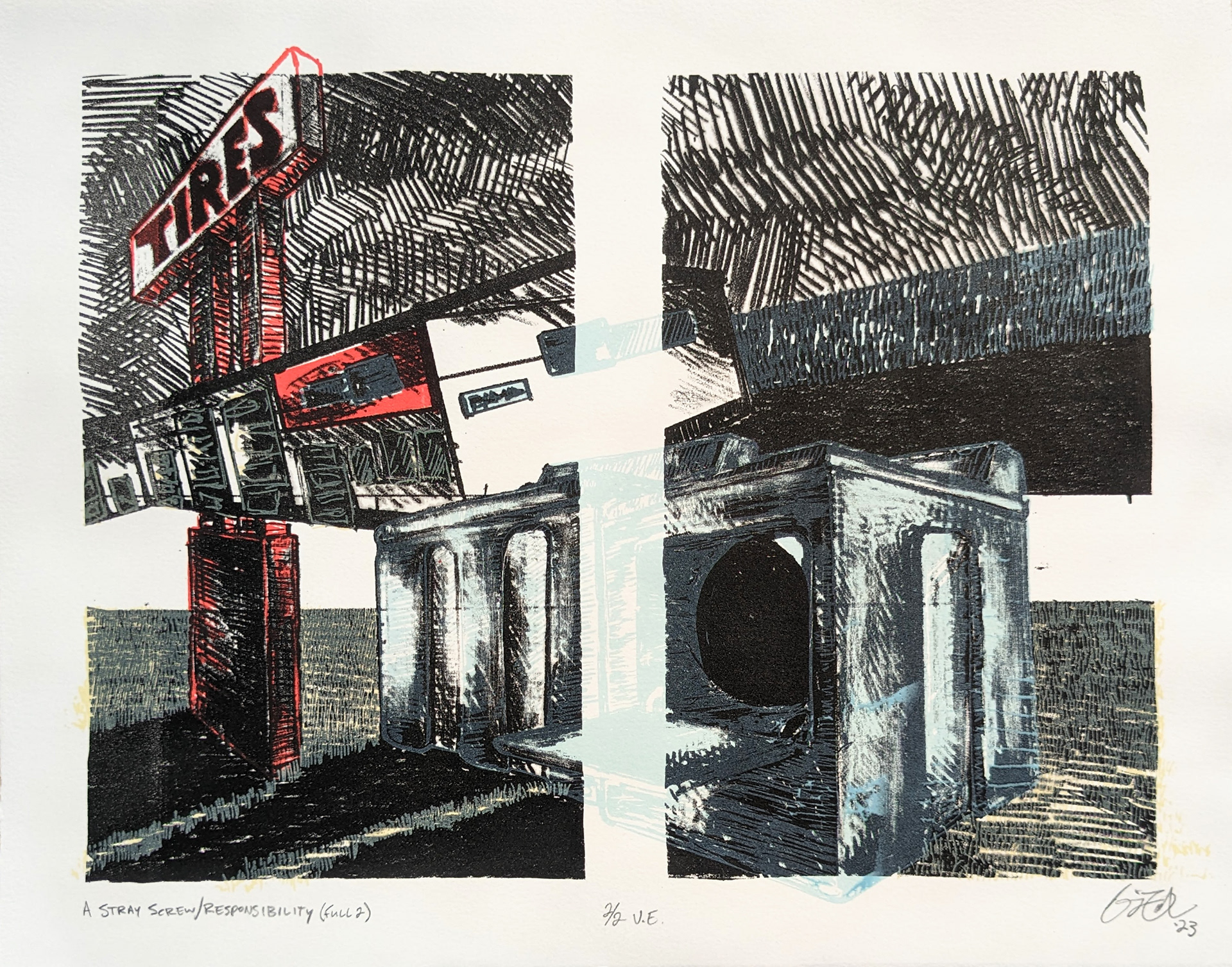 A Stray Screw/Responsibility (Full 2), 14'' x 11'', Stone Lithography with Screen Printing, 2023