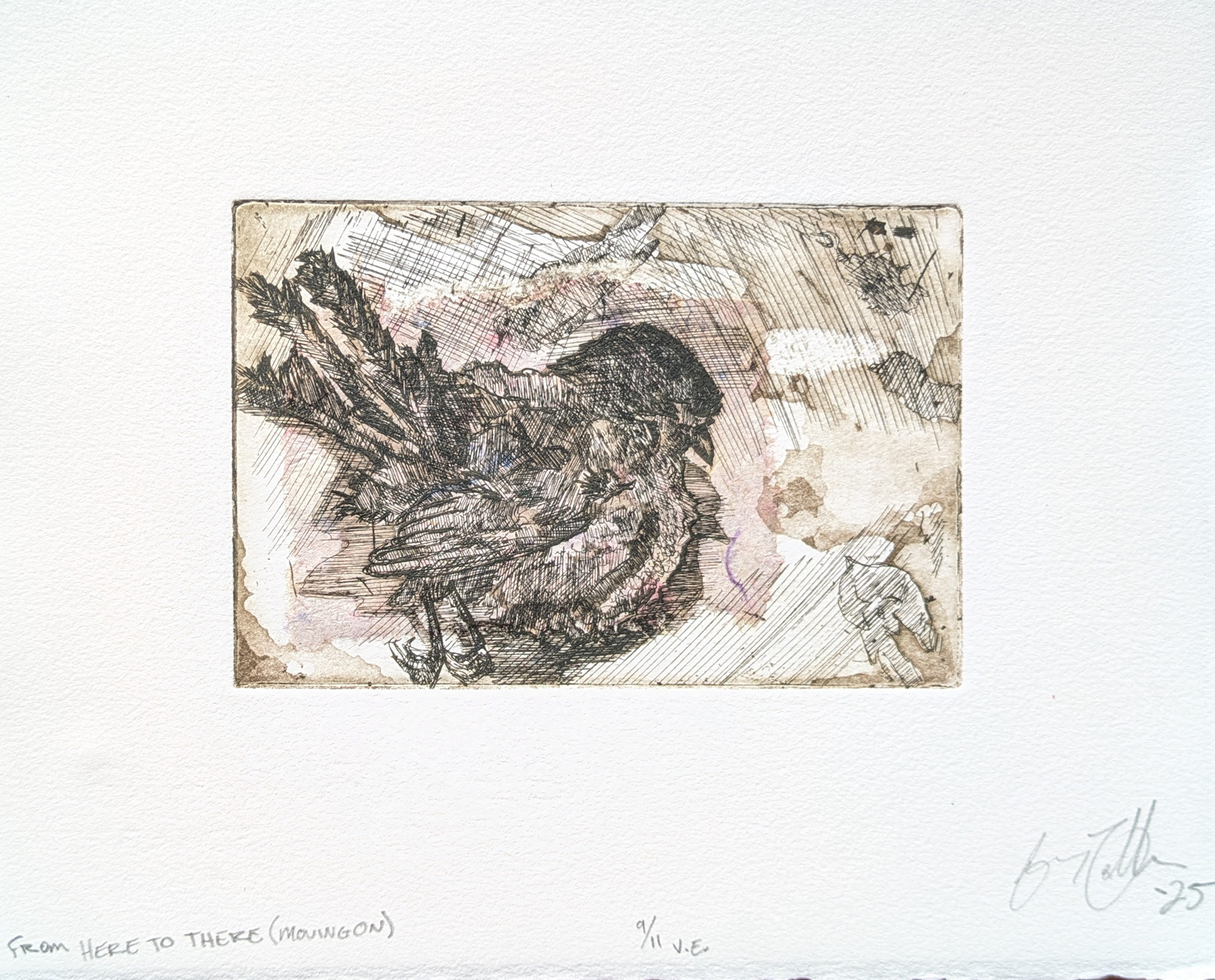 From Here to There (Moving On), 9/11 V.E., Intaglio Etching with Chine Collé, 10'' x 8'', 2025