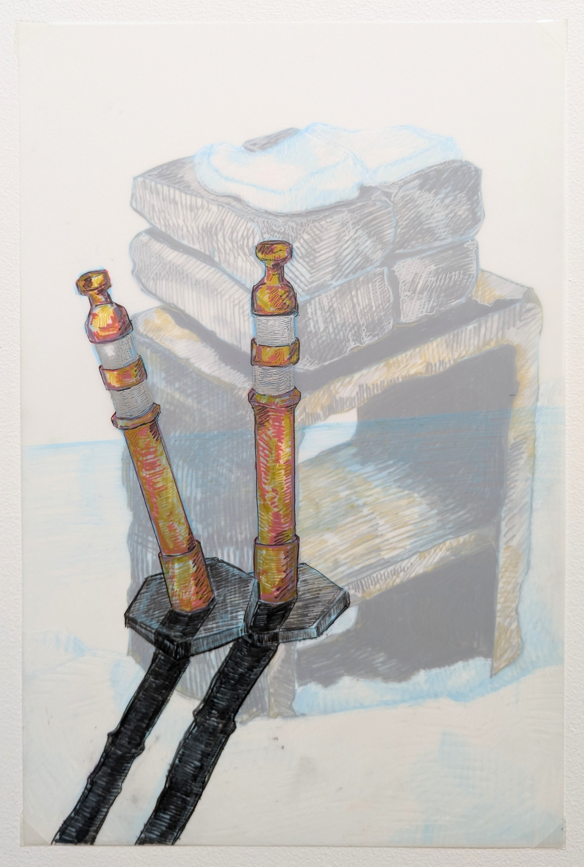 Layered Sketchbook Project 6, 7'' x 11'', drafting pencil, graphite, gel pen, and paint marker on frosted mylar, 2023