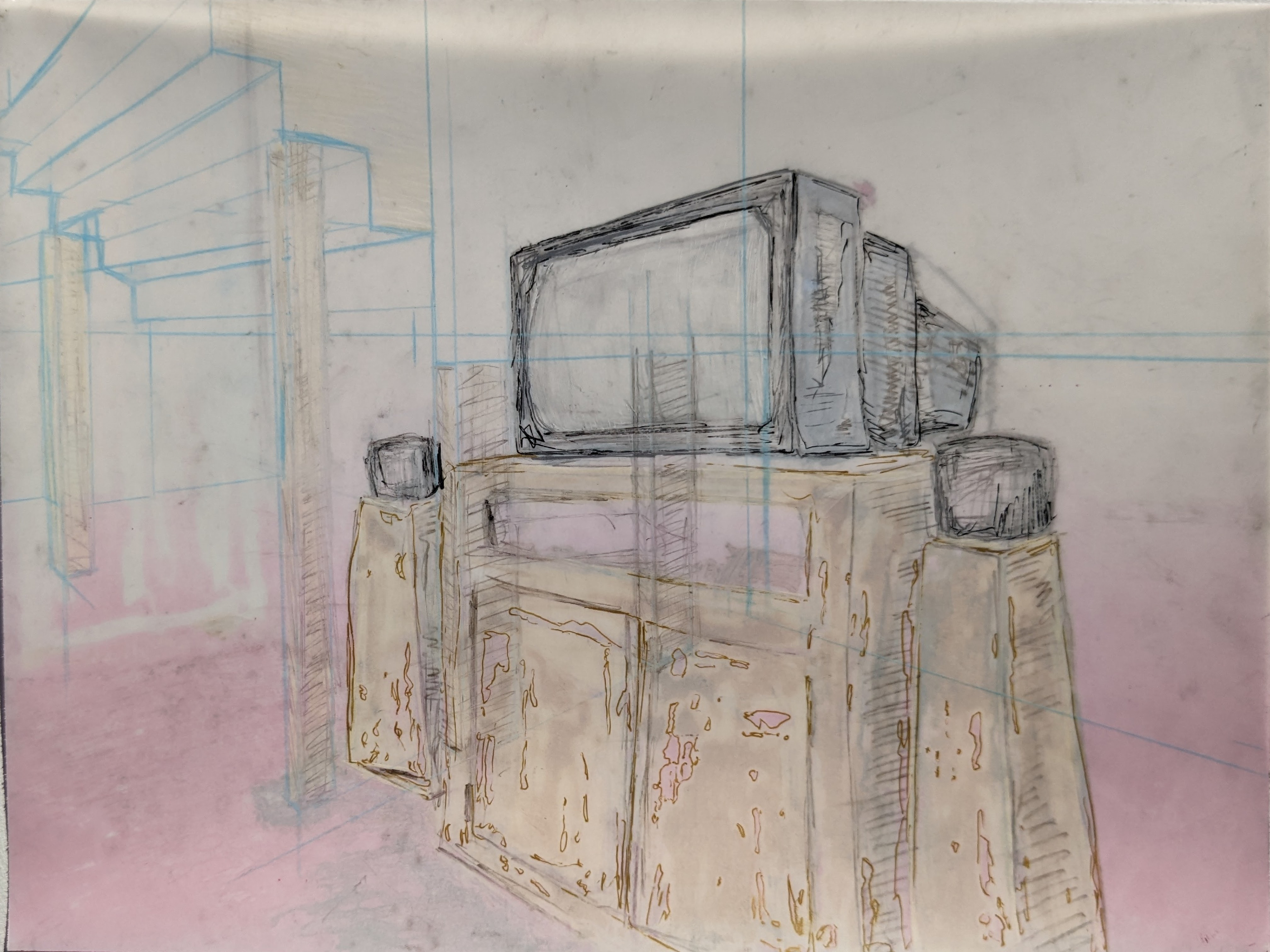 Toy Room Spying (front), 12" x 9", manual offset printmaking with gel pen, ballpoint pen, drafting pencil, and graphite, 2022